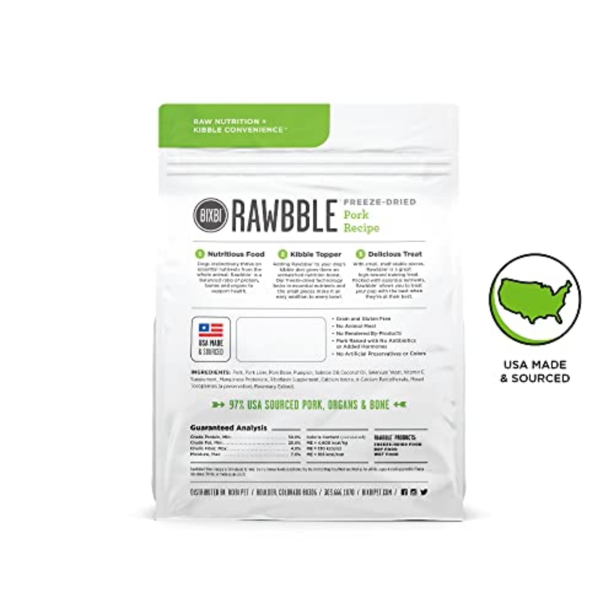 BIXBI Rawbble Freeze Dried Dog Food - Pork Recipe, 4.5 oz | 97% Meat & Organs, Grain-Free, No Fillers | High Protein Raw Dog Food for Adult & Puppy | Perfect for Meal, Treat or Food Topper | Made in USA in Small Batches | Ideal for Travel, Camping & Daily Feeding