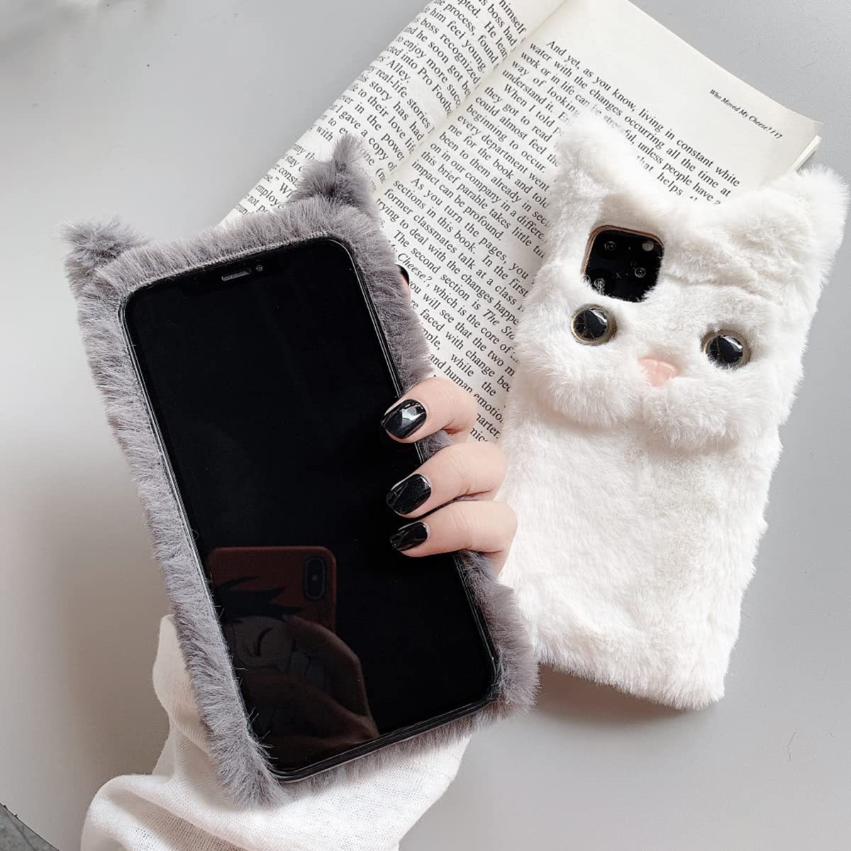 Cute Cat Phone Case for iPhone 13 Pro - Soft Fluffy Furry Plush Protective Cover with TPU Shockproof & Anti-Scratch Shell - Perfect for Winter Warmth & Daily Protection - Gray