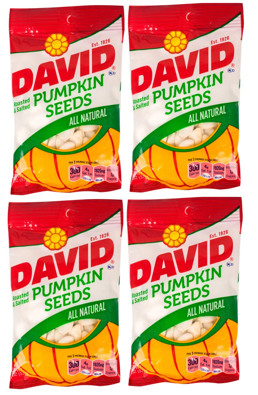 Roasted and Salted Pumpkin Seeds - All Natural, Non-GMO, 2 Oz Per Bag (4 Pack) | Healthy Snack for Hiking, Travel, and Office | DAVID Brand