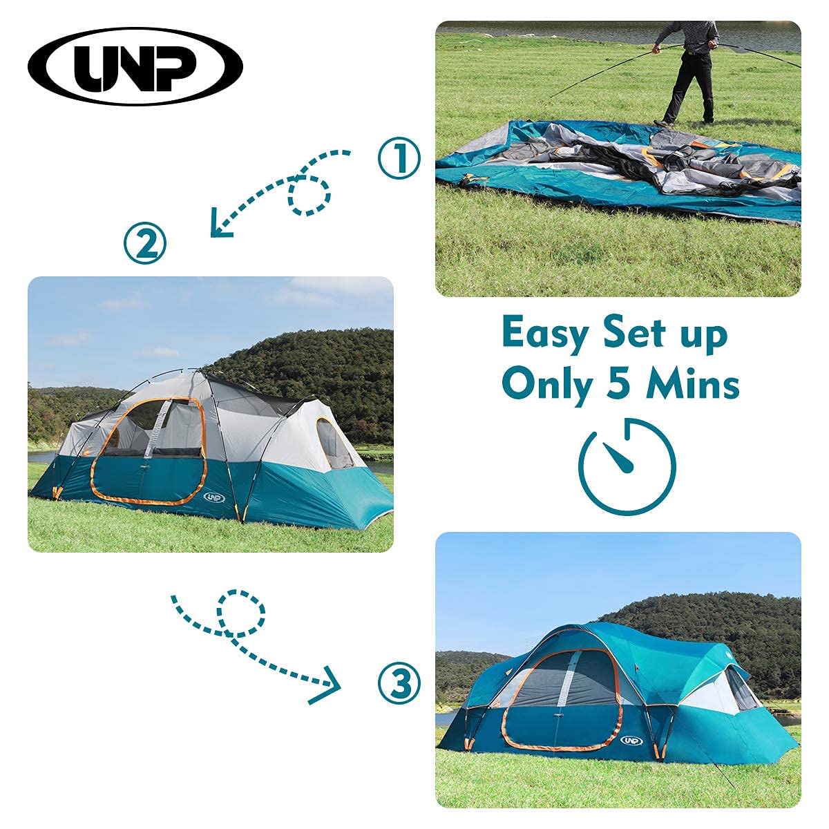 UNP 10-Person Family Camping Tent - Large Easy Setup 2-Room Shelter with 5 Mesh Windows, Waterproof & Weather Resistant (18'x9'x78