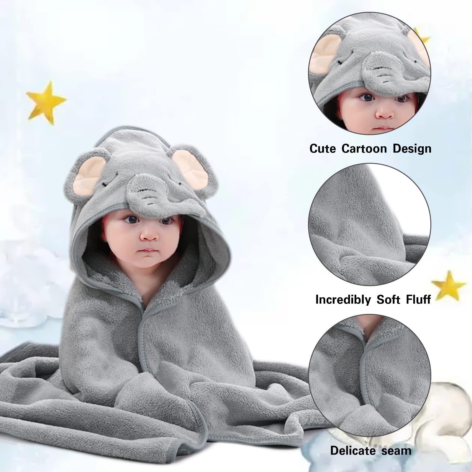 HiABsee Ultra Soft Hooded Baby Towels for Newborns - Grey Elephant Design, Absorbent Bath Towel for Boys & Girls | Perfect for Post-Bath, Swimming & Photo Shoots