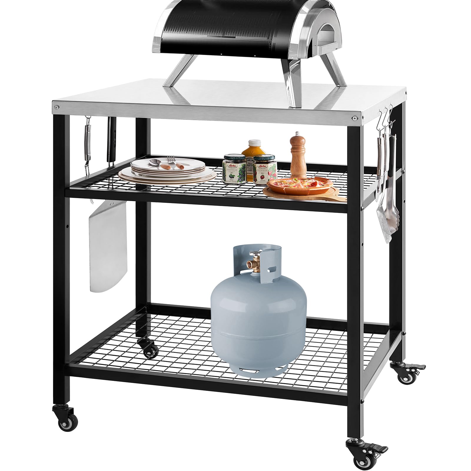**Stainless Steel Outdoor Pizza Oven Stand with Wheels - 80x60x90cm BBQ Grill Cart for Kitchen, Patio, Backyard & Garden - Perfect for Pizza Making, Food Prep & Outdoor Dining**