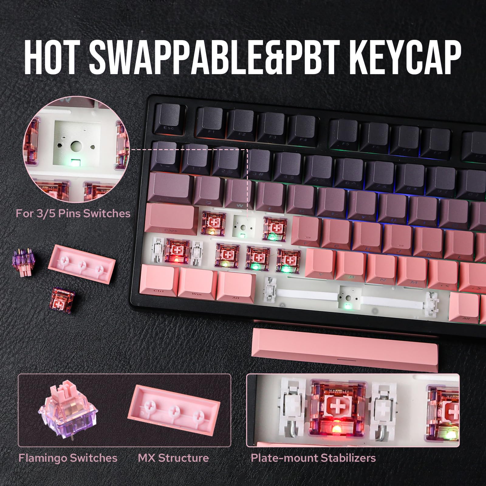 EPOMAKER HE75 Wireless Mechanical Keyboard - RGB Backlit, Hot-Swappable, 4000mAh Battery for Gaming & Office (Black Pink)