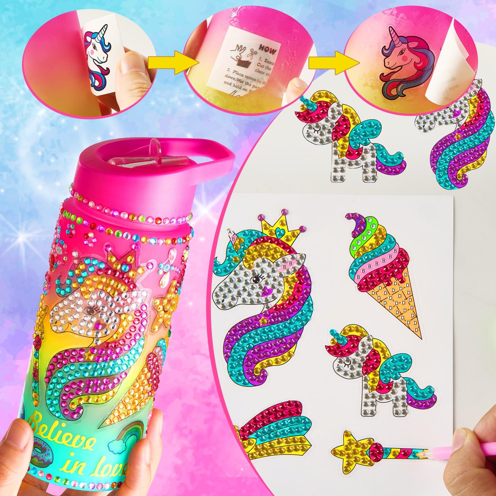 Custom DIY Water Bottle Decorating Kit for Girls Ages 4-12 - Unicorn Themed Arts & Crafts Birthday Gift for 4 5 6 7 8 9 Year Old Girls - Fun Creative Activity for Parties, School Projects & Home Decor