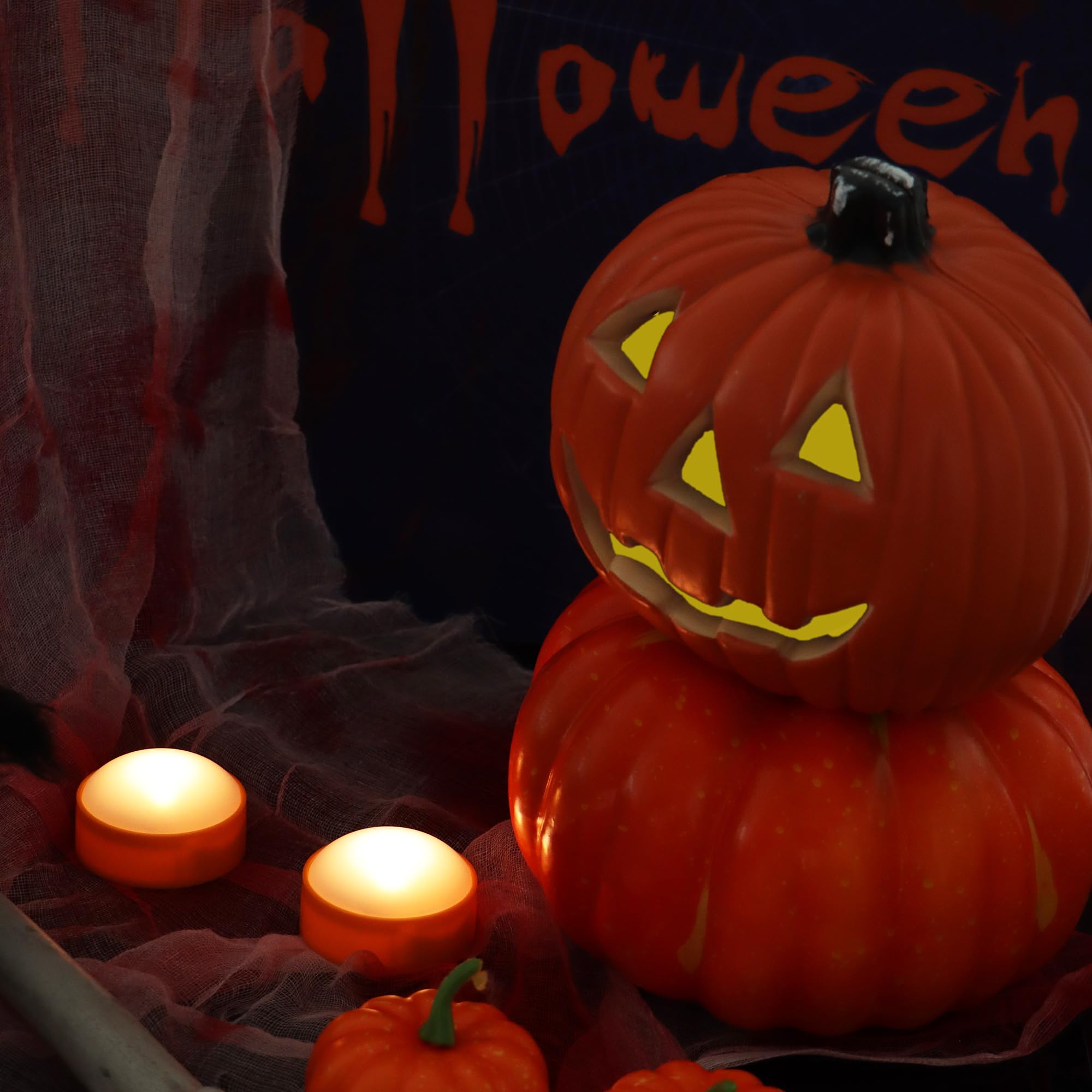 2 Pack Halloween LED Pumpkin Lights with Remote & Timer - Orange Flickering Flameless Candles, Battery Operated Jack-O-Lantern Decor for Indoor/Outdoor, Porch, Yard, Party & Pumpkin Carving Display