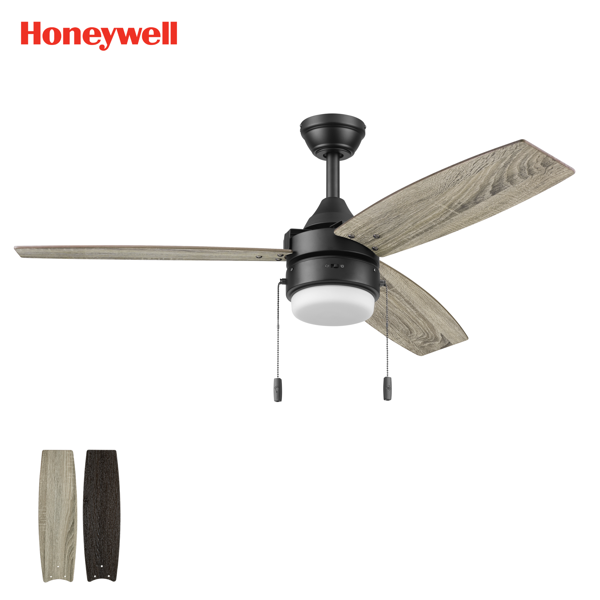 48 Inch Honeywell Berryhill Matte Black Ceiling Fan with Light Kit and Pull Chain - Perfect for Living Room, Bedroom, and Outdoor Covered Patio