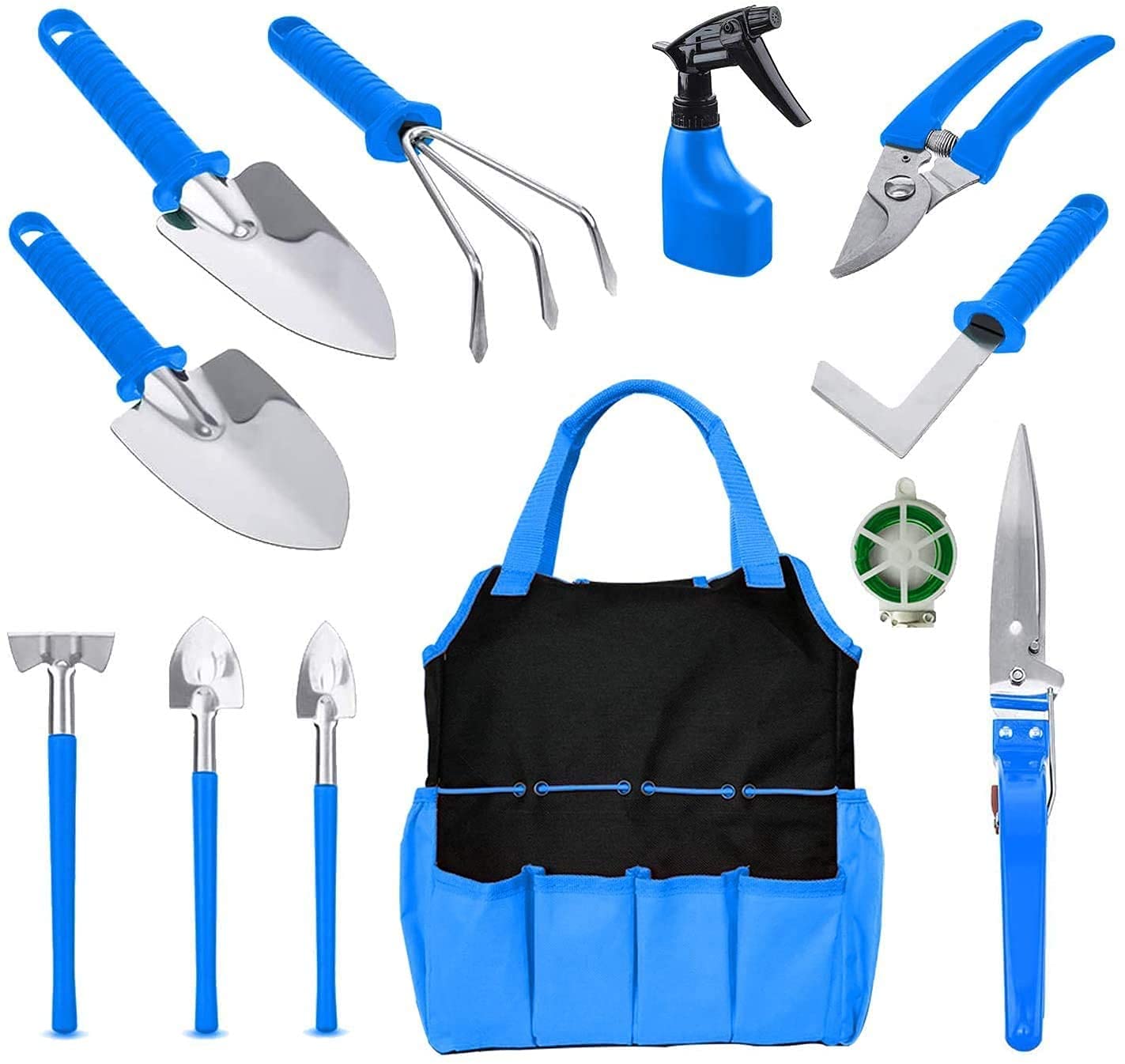 Lelekey 12-Piece Heavy Duty Garden Tool Set with Storage Bag - Includes Shovel, Rake, Weeder, Pruner, Shear & Sprayer - Perfect Gardening Supplies & Gifts for Women Gardeners (Blue) - Ideal for Home Gardening, Landscaping & Outdoor Planting Projects