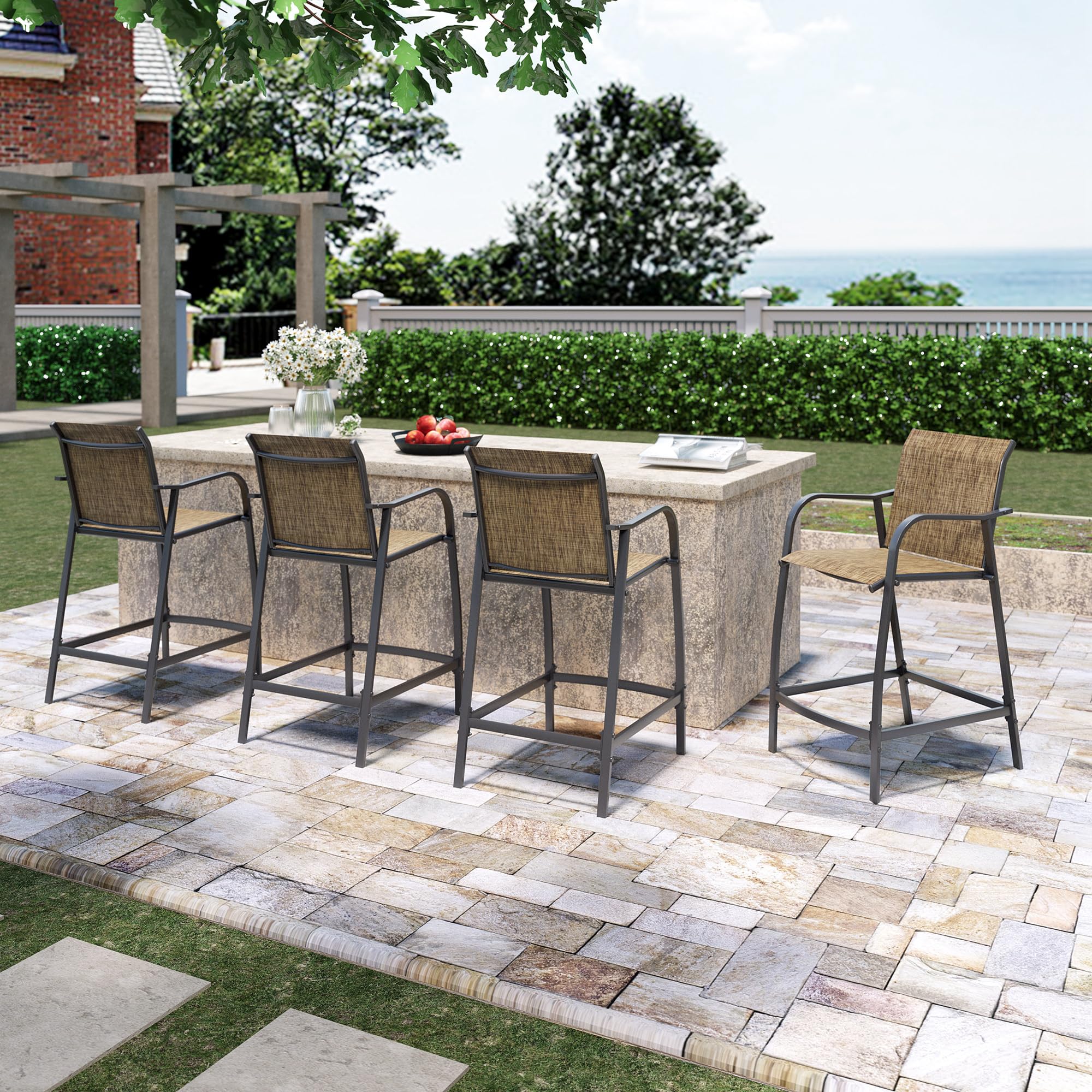 2-Pack Outdoor Metal Bar Stools - Counter Height Steel Patio Chairs with Textilene Seat, Armrest & Footrest - Lightweight Brown Bar Stools for Backyard, Deck, Poolside & Garden Use