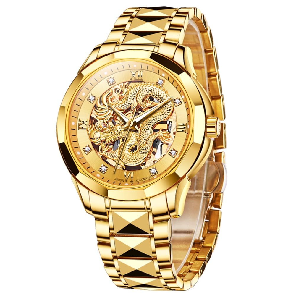 OLEVS Men's Gold Automatic Skeleton Mechanical Watch with Dragon Design - Luxury Tungsten Steel Business Dress Watch, Luminous Hands, 160FT Waterproof, Diamond Accents - Perfect for Formal Events, Business Meetings & Special Occasions