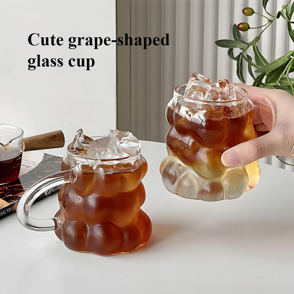 12oz Creative Grape-Shaped Drinking Glasses - Clear Reusable Aesthetic Cups with Handle for Cocktails, Water, Soda, Iced Coffee, Tea, Juice, Milk & Beer - Perfect for Parties, Home Bar & Kitchen Decor