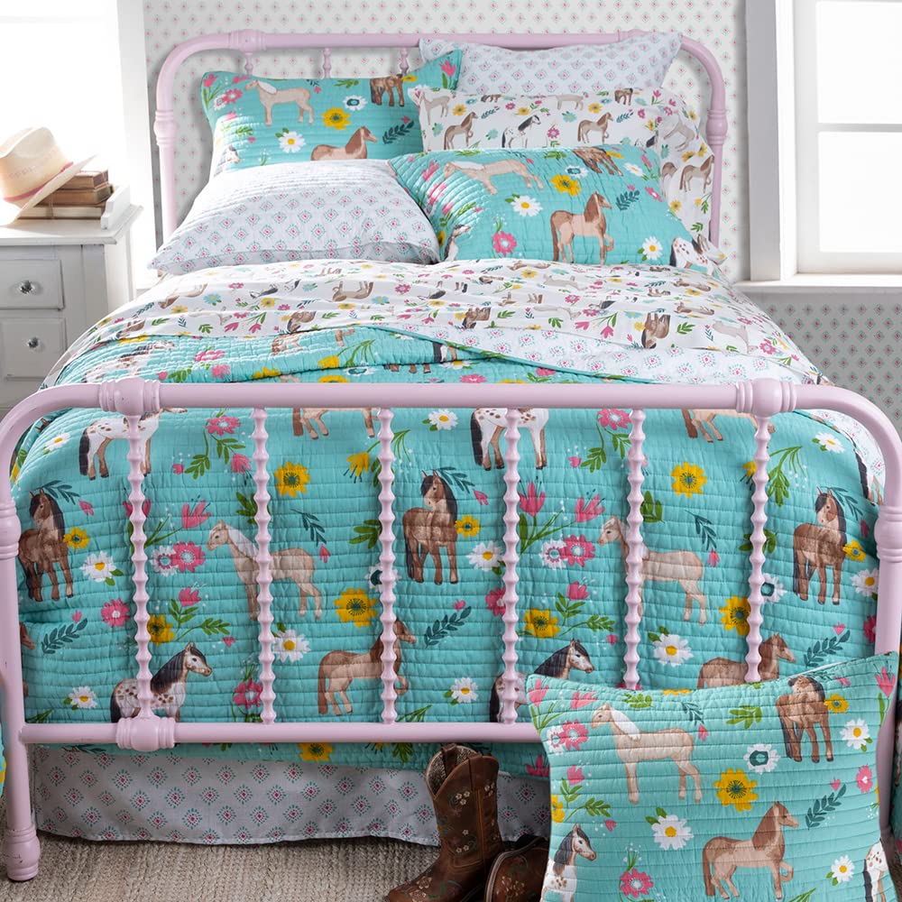 Rod's True Western Horse Girls Cotton Quilt - Pony Daisy Flower Design in Turquoise, Pink, Yellow, Brown, Tan, Green & White - Full/Queen Size (86x86 inches) - Perfect for Western-Themed Bedrooms, Guest Rooms, and Cowgirl Decor