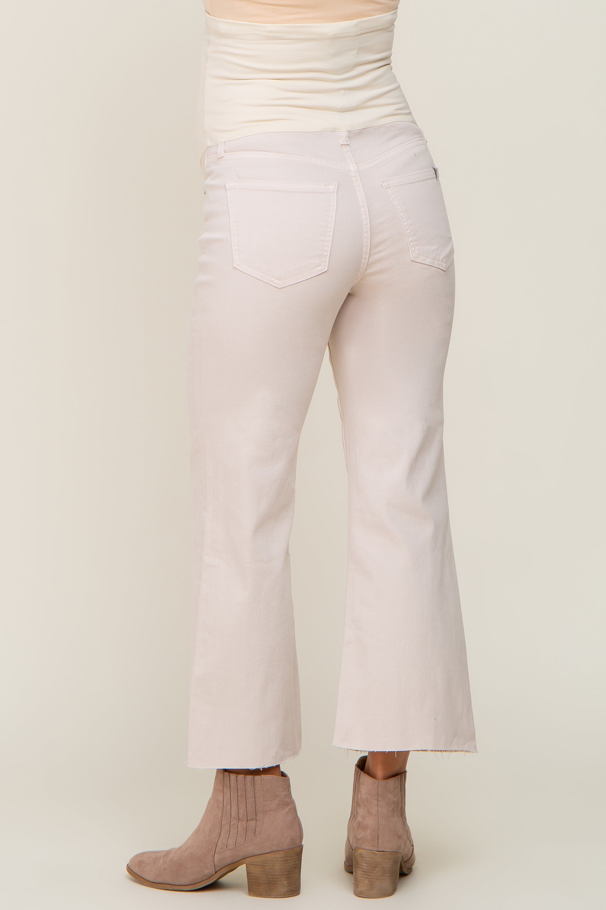 Beige Raw Hem Cropped Flare Maternity Jeans for Women - Stretchy Comfortable Pregnancy Denim Pants - Perfect for Casual Outfits, Maternity Photos & Everyday Wear
