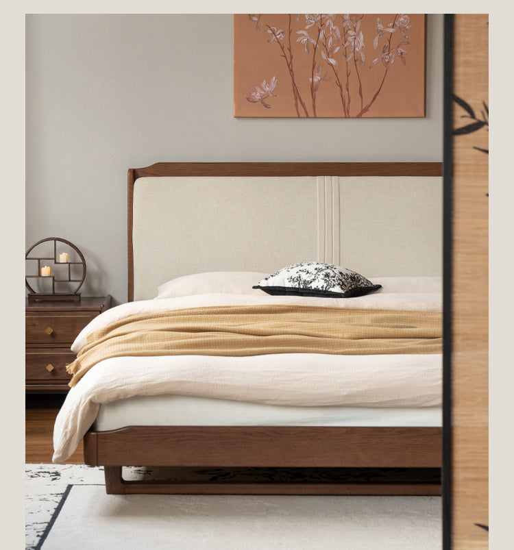 Solid Oak Wood Leather Upholstered Soft Bed - Queen Size Bed Frame with Tufted Headboard for Bedroom, Guest Room & Master Suite