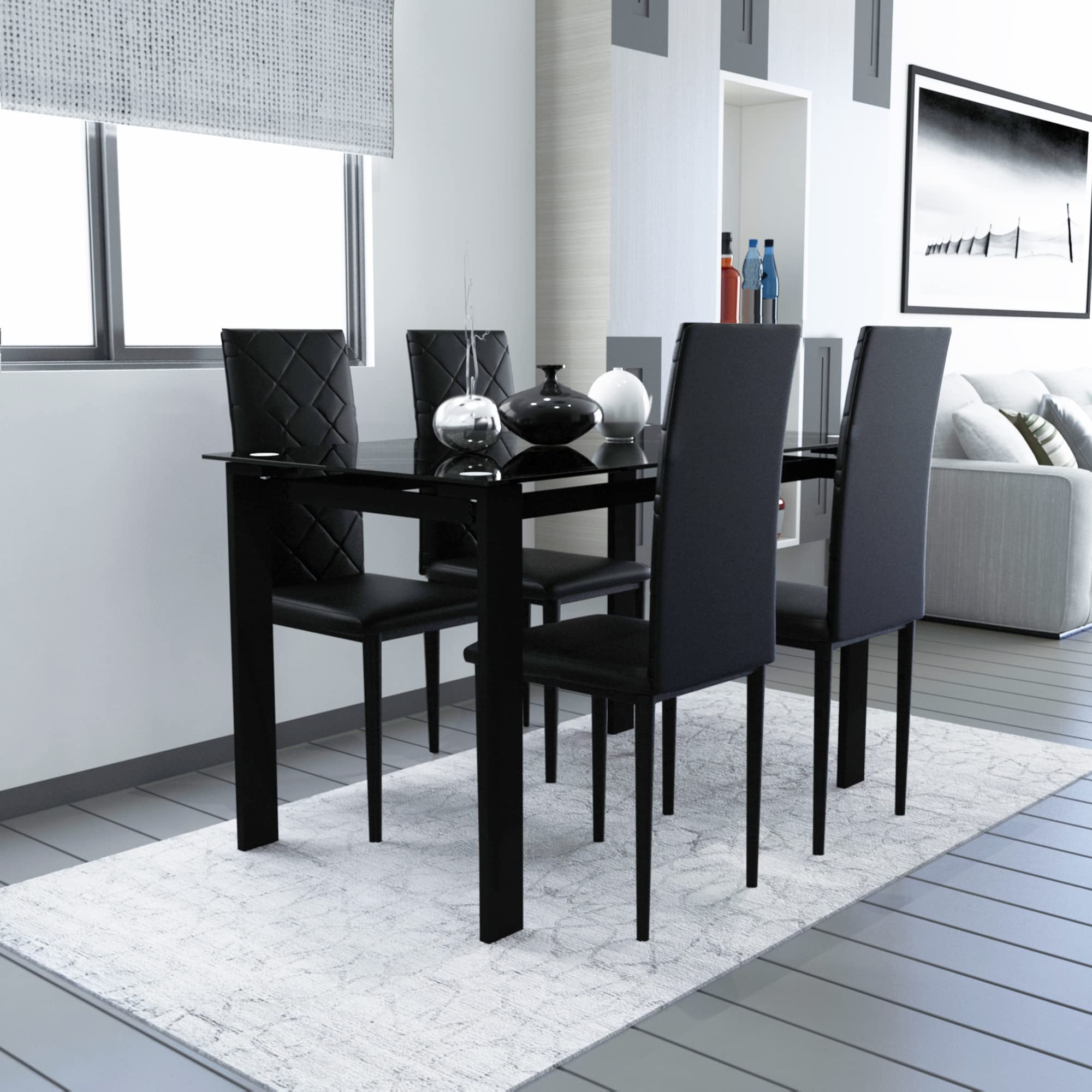 Upgraded 5-Piece Modern Glass Dining Table Set with Faux Leather Chairs & Metal Frame - Tempered Glass Kitchen Table for Small Spaces, Breakfast Nook, Apartment Dining Room