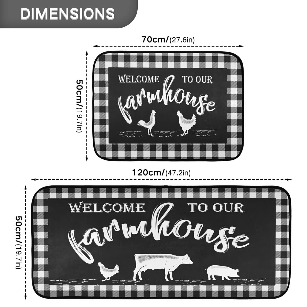 Emelivor Farmhouse Kitchen Rugs - 2-Piece Non-Slip Washable Buffalo Plaid Runner Set with Rooster & Cow Design | Perfect for Country Style Kitchens, Entryways & Cozy Home Decor
