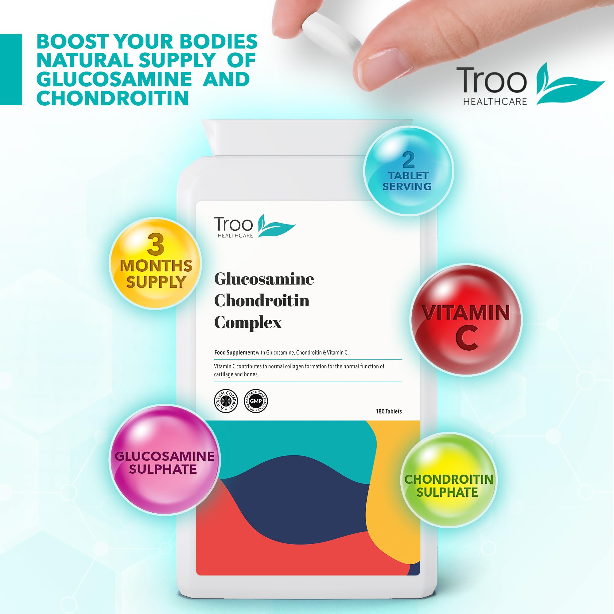 Troo Health Care Glucosamine Chondroitin Complex with Vitamin C - 180 Tablets - Supports Joint Health, Collagen Formation & Bone Strength - UK Made GMP Certified Supplement for Active Adults & Seniors - Ideal for Post-Workout Recovery & Daily Joint Support