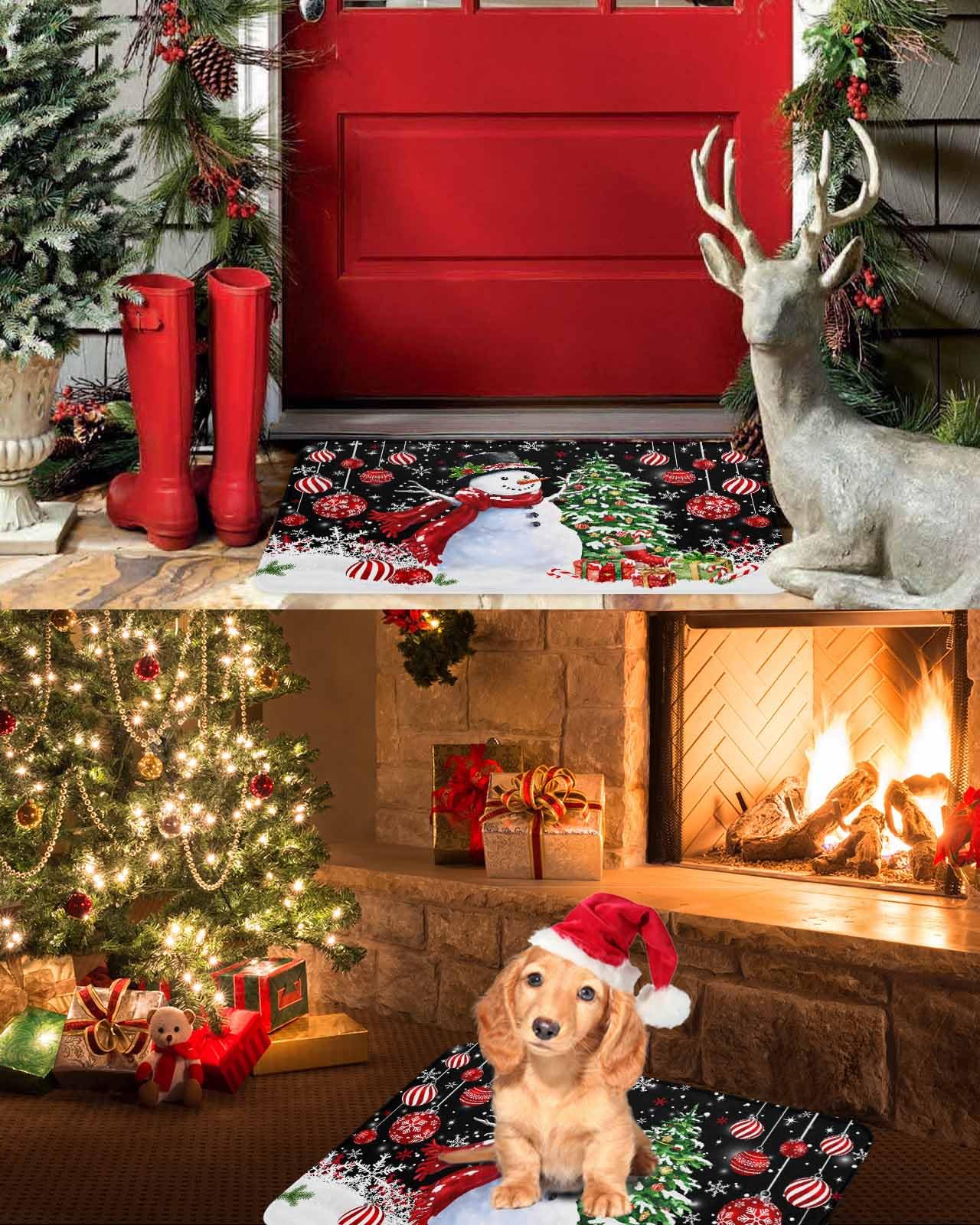 Christmas Snowman Red Balls Kitchen Mat Set of 2 - Cushioned Anti-Fatigue Floor Mats, Waterproof Non-Slip Kitchen Rugs with Black Snowflake Xmas Tree Design - Perfect for Kitchen, Laundry Room & Holiday Decor