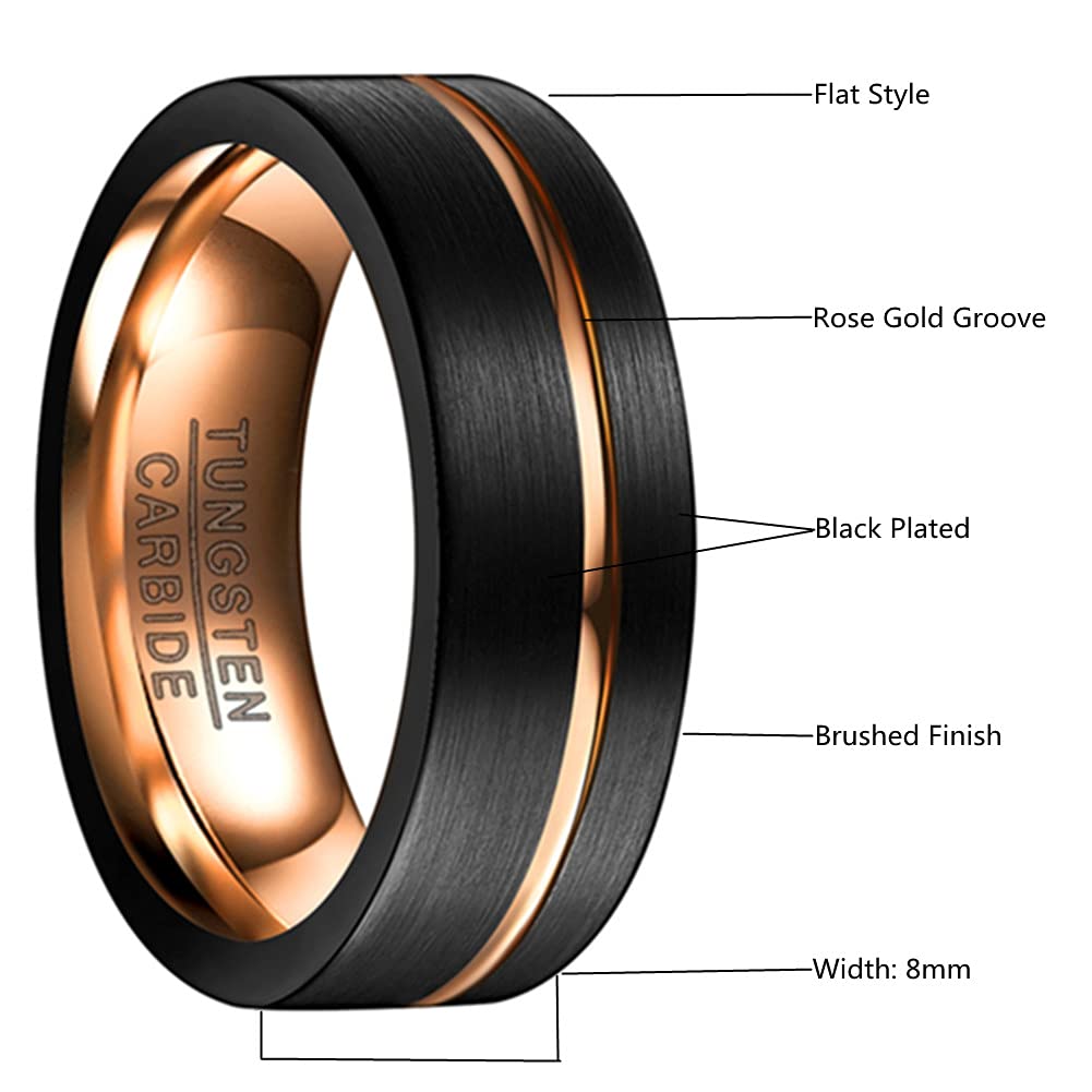 8mm Tungsten Wedding Rings for Men - Rose Gold, Blue Grooved, Black & Brown Two Tone Bands (Size 5-14) | Durable Mens Jewelry for Engagement, Anniversary & Daily Wear