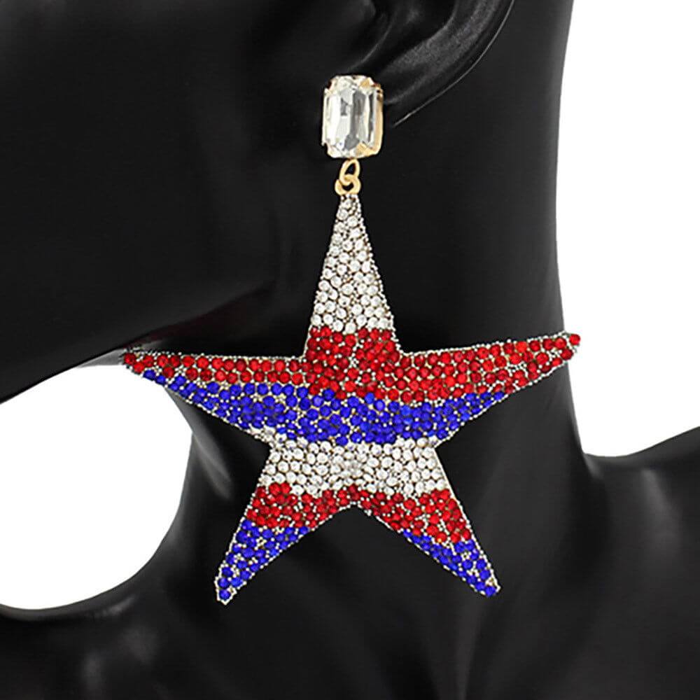 USA Flag Rhinestone Embellished Metal Star Dangle Earrings - Patriotic Fashion Jewelry for Women, 4th of July Accessories, Independence Day Party Outfit
