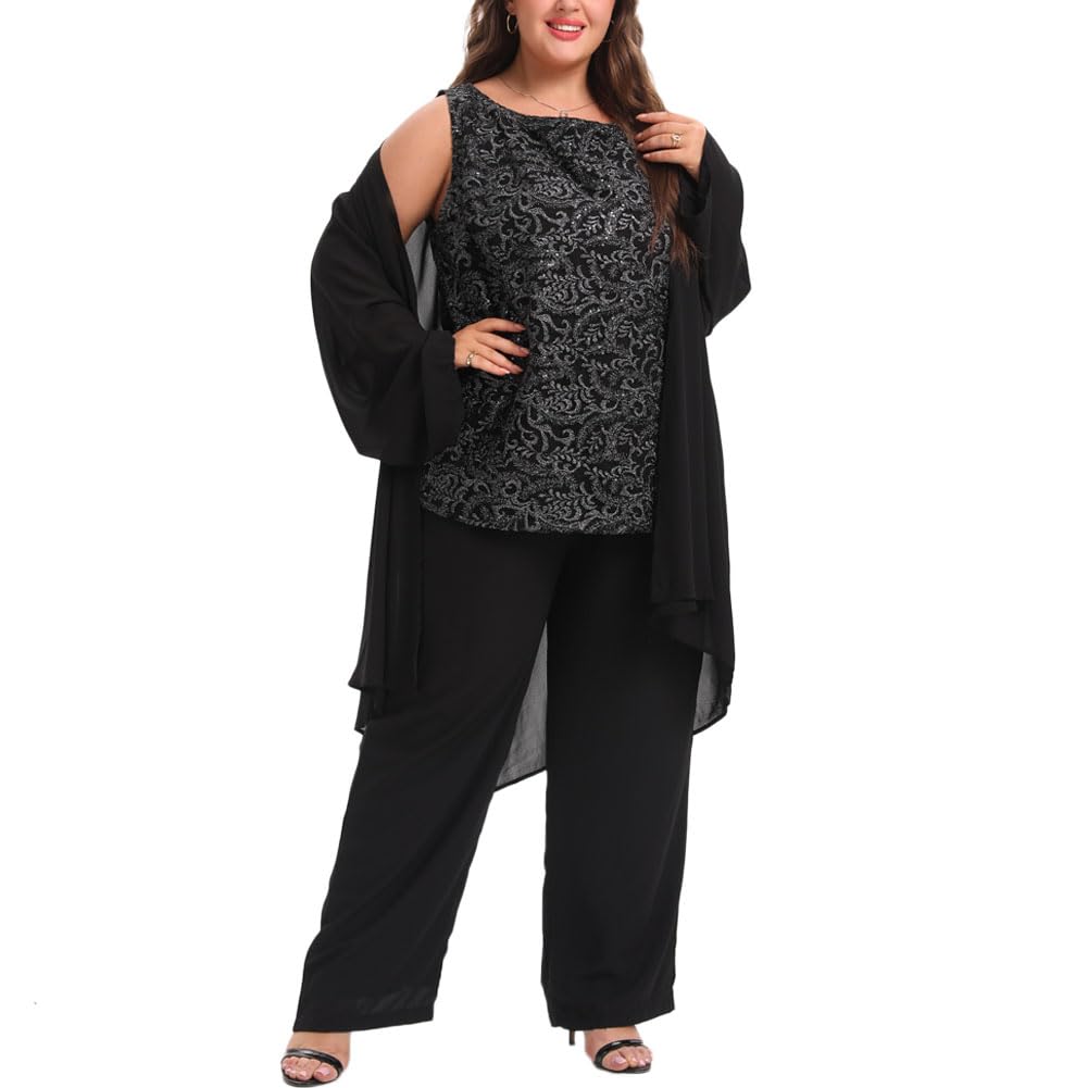 Elegant Plus Size Mother of the Bride Pant Suits 3-Piece Chiffon Lace Wedding Guest Outfit for Women - Perfect for Weddings, Parties & Special Occasions