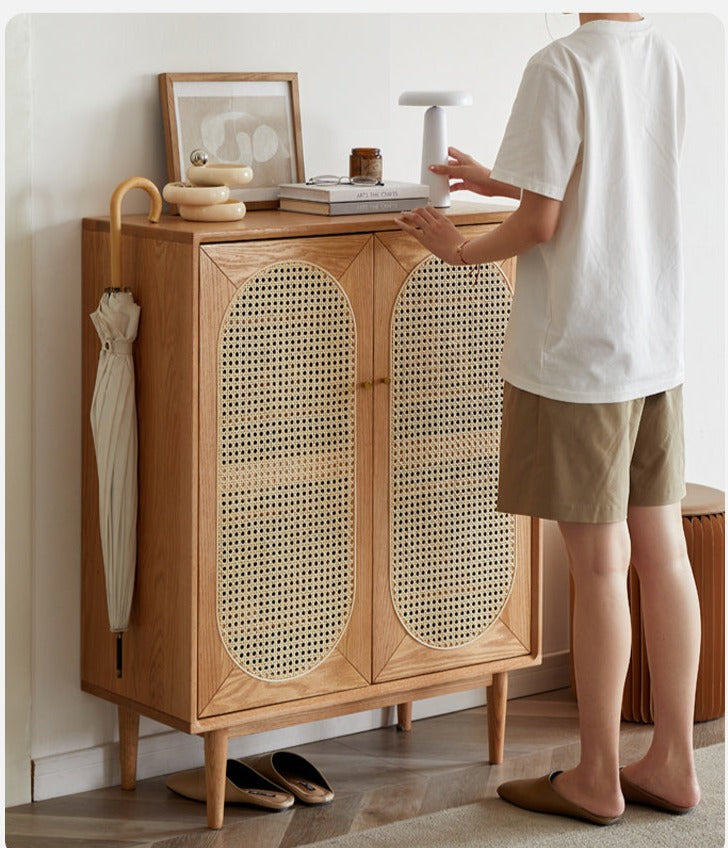 Oak Solid Wood Rattan Shoe Cabinet - Rustic Entryway Storage Organizer for Shoes, Boots & Accessories | Perfect for Hallway, Mudroom & Closet Organization