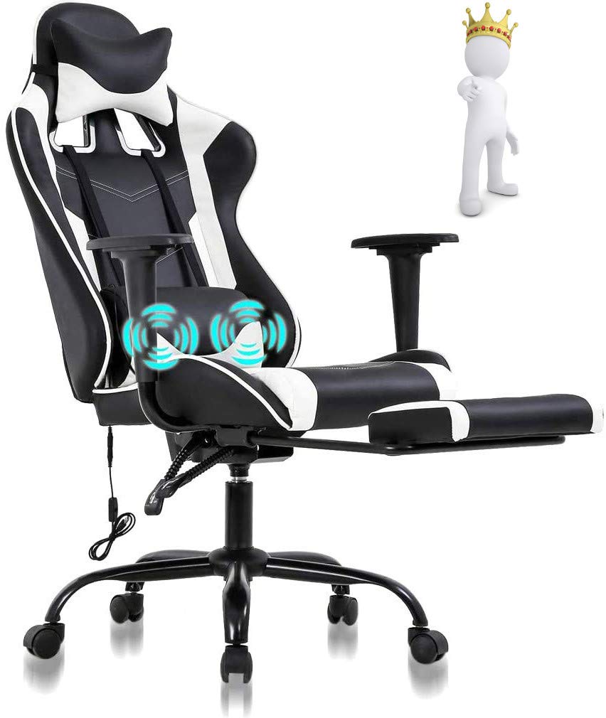 Ergonomic Gaming Chair with Lumbar Support - Adjustable PU Leather High Back Racing Office Chair with Footrest & Armrest for PC Gamers & Home Office Workers - Perfect for Long Gaming Sessions & Remote Work - White