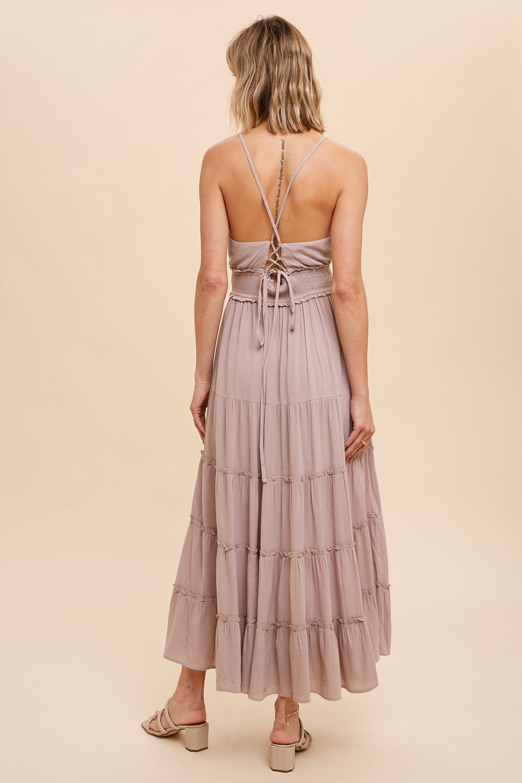 Beige Cross Tie Back Cami Maxi Dress for Women - Elegant Summer Beach Wedding Party Dress with Flowy Long Skirt & Adjustable Straps | Perfect for Vacations, Date Nights & Special Occasions