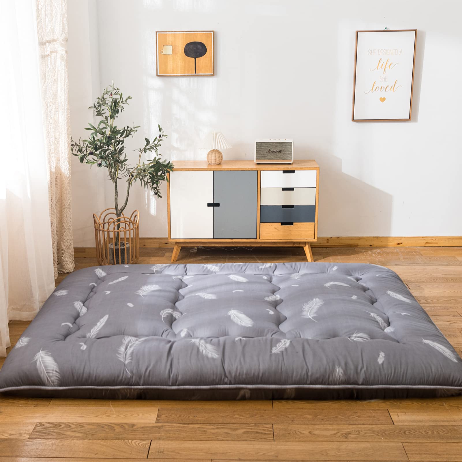 YOSHOOT Grey Feather Futon Floor Mattress - Thick Japanese Foldable Floor Bed for Adults | Queen Size with Canvas Storage Bag | Perfect for Camping, Guest Rooms & Small Spaces