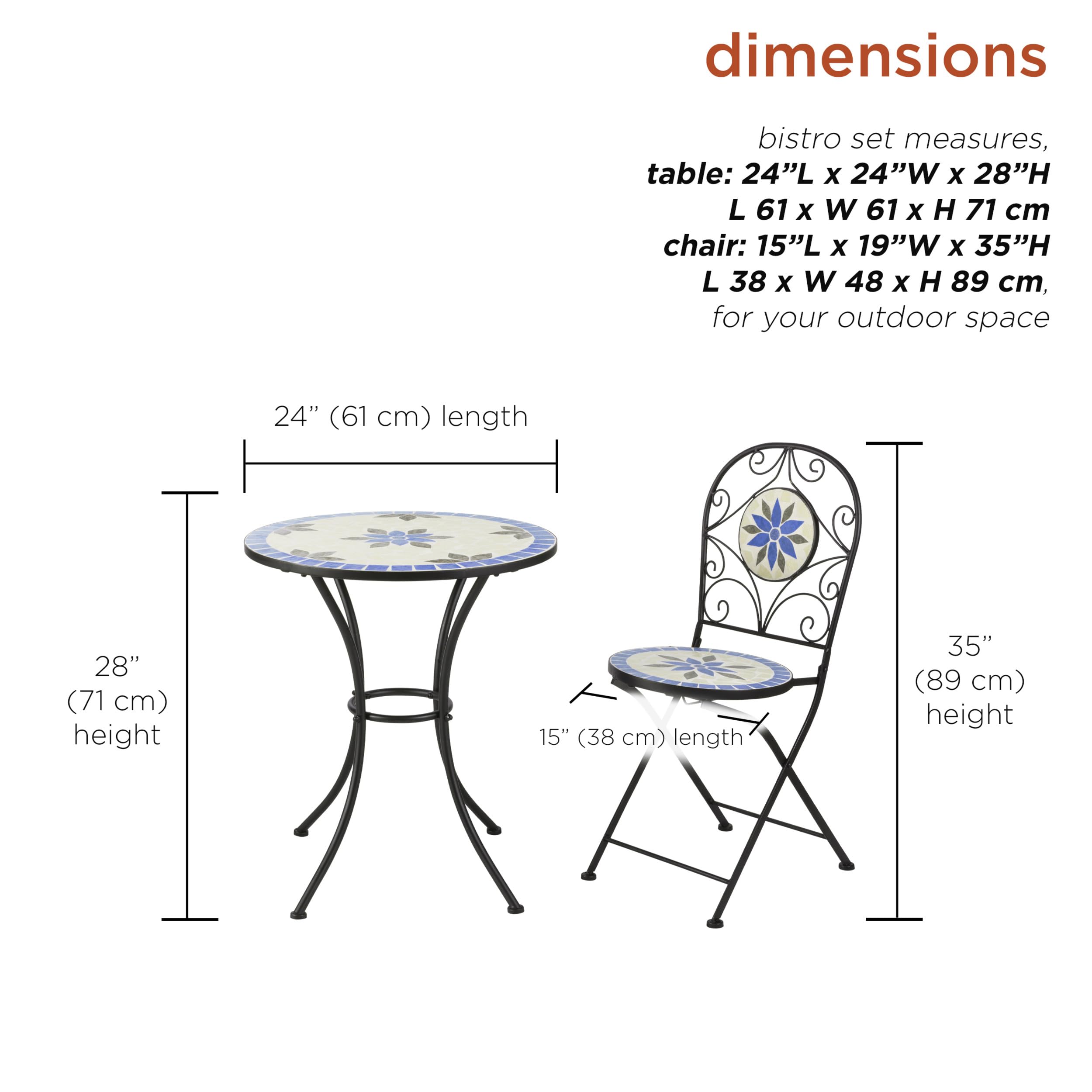 Alpine Corporation 3-Piece Blue and Beige Mosaic Bistro Set - Outdoor Patio Dining Furniture for Garden, Balcony & Backyard