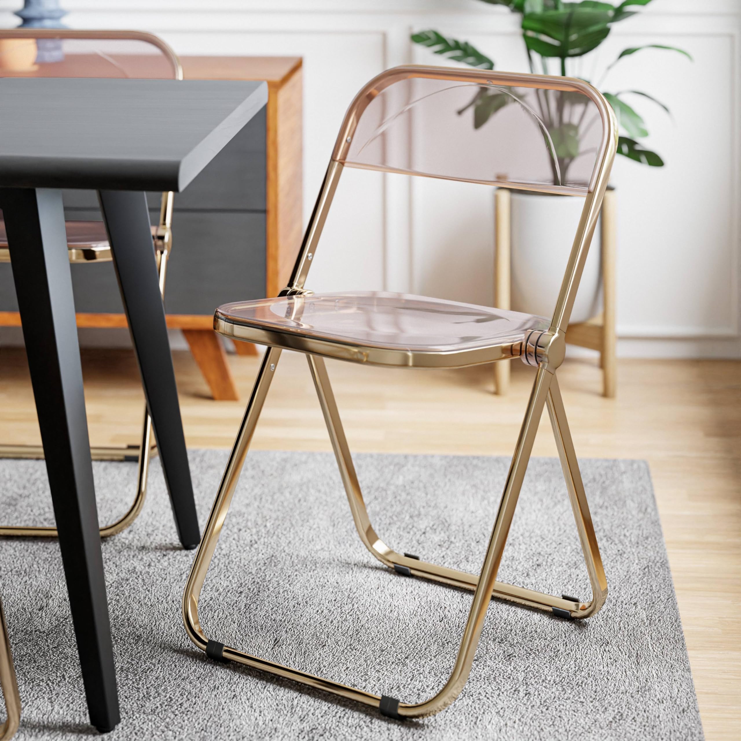 LeisureMod Lawrence Modern Transparent Acrylic Folding Chairs with Gold Metal Frame - Set of 2 Rose Pink - Perfect for Patio, Garden, Poolside & Indoor Events