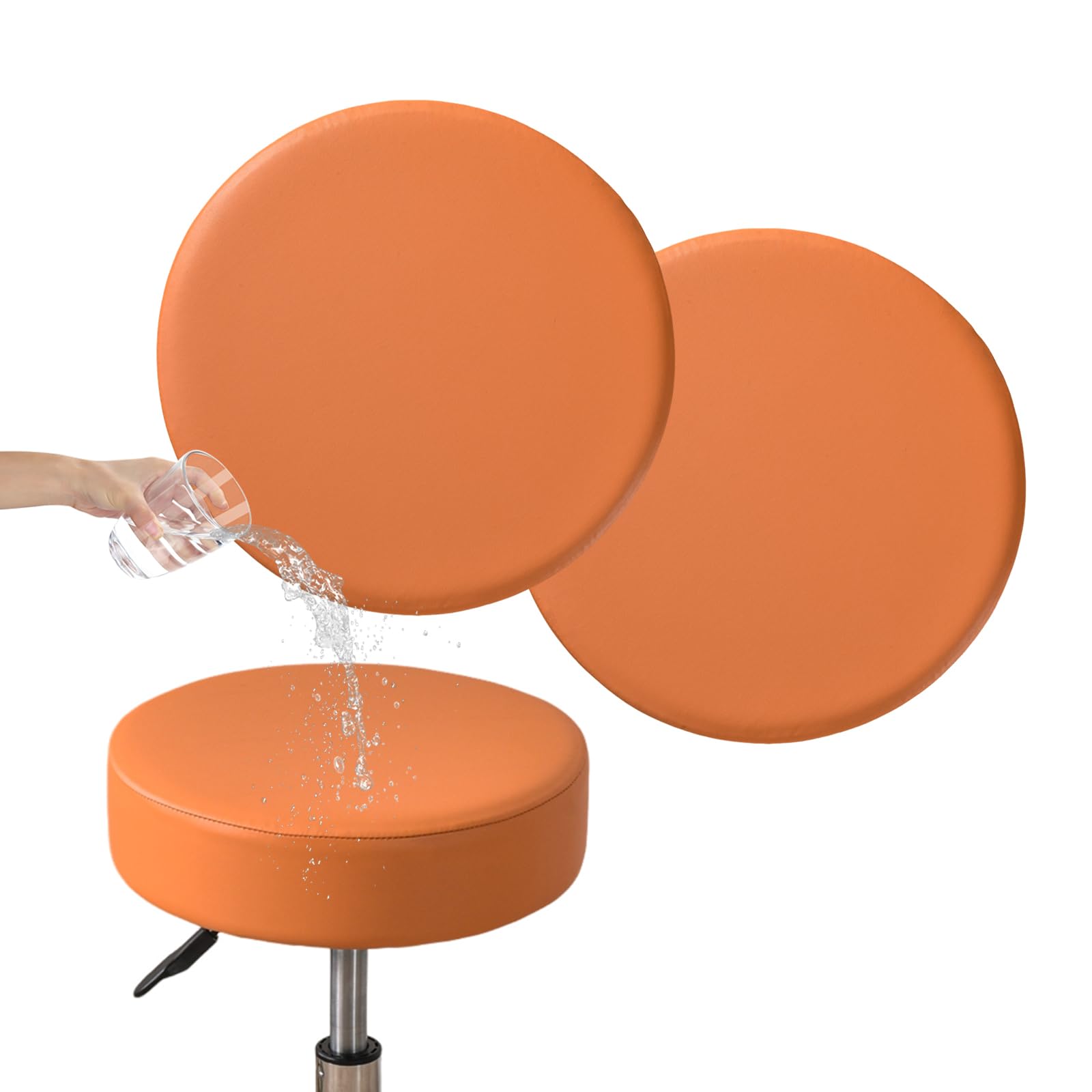 FUANGUI 2-Pack Waterproof PU Bar Stool Covers with Elastic Bands - Washable Round Seat Slipcovers for 12-15 Inch Bar Stools (Orange) - Perfect for Kitchen, Dining Room & Outdoor Use