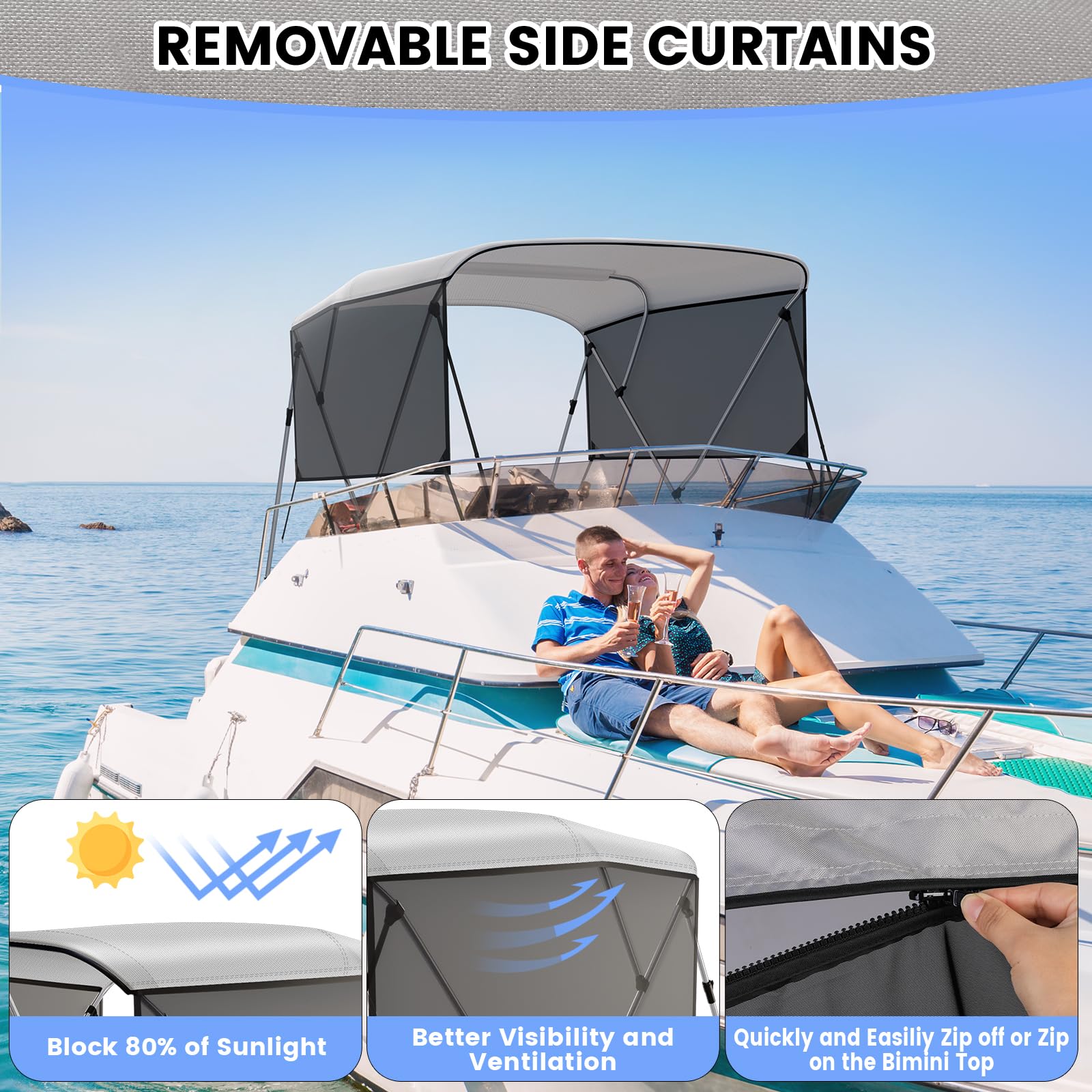 GARVEE 3-Bow 6-Foot Bimini Top with UV Protection - Adjustable Poles, Marine Grade Canvas, Easy Installation for Boats, Yachts & Watercraft - Perfect for Shade & Sun Protection on Deck