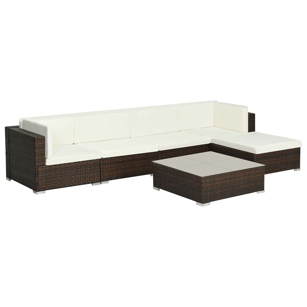 6-Piece Brown Poly Rattan Patio Lounge Set with Cushions - Outdoor Furniture for Garden, Poolside & Backyard (116 lbs)
