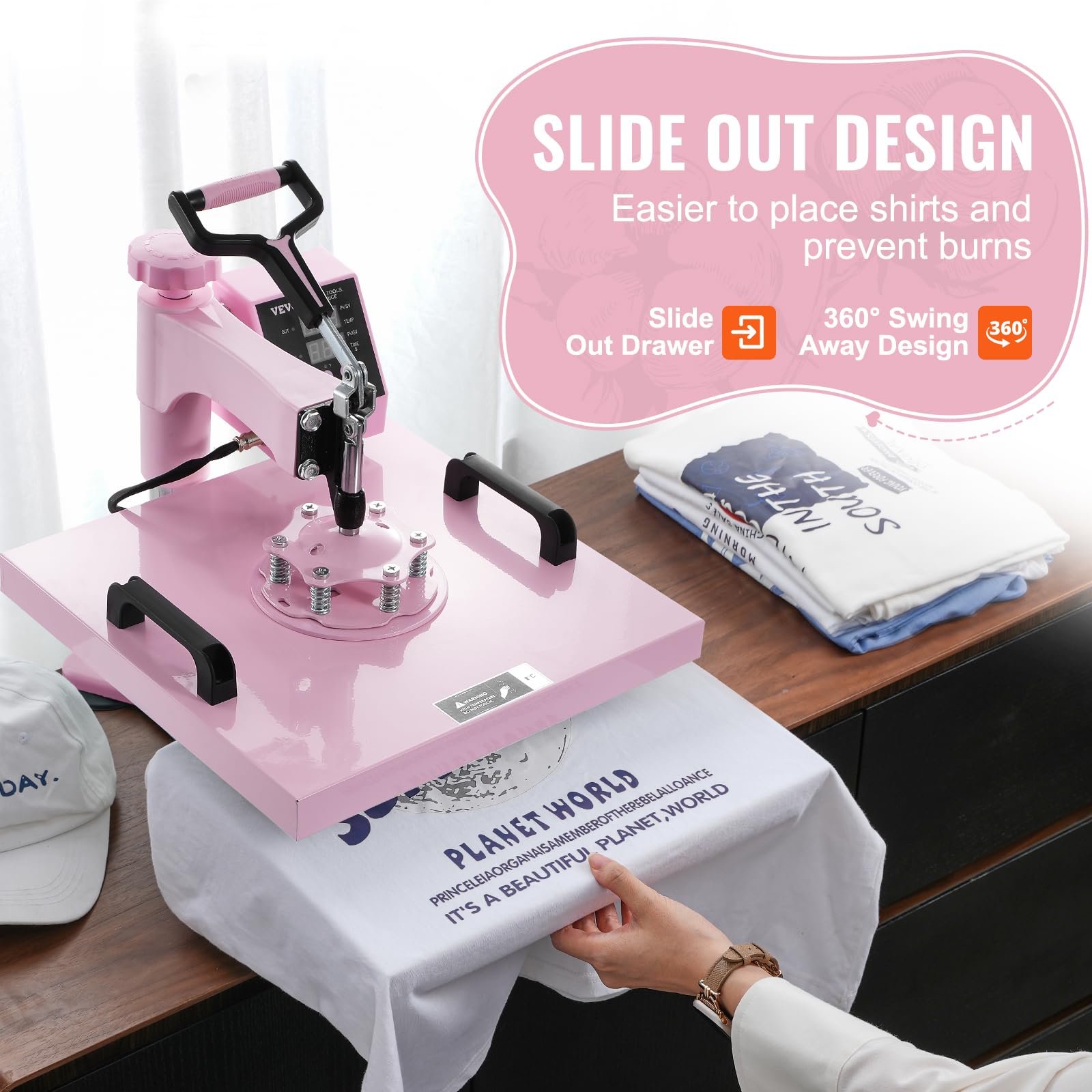 VEVOR 15x15 Inch 5-in-1 Heat Press Machine for T-Shirts, Hats, Mugs & Plates - Includes 30oz Tumbler Press - Perfect for Sublimation, DIY Crafts & Small Business (Pink)