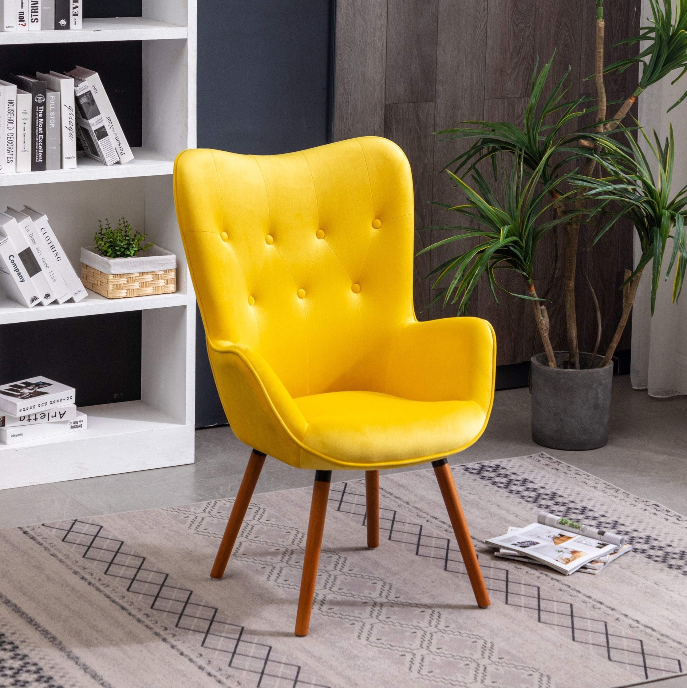 Roundhill Furniture Doarnin Contemporary Silky Velvet Tufted Button Back Accent Chair - Yellow Velvet Lounge Chair for Living Room, Bedroom & Office Decor