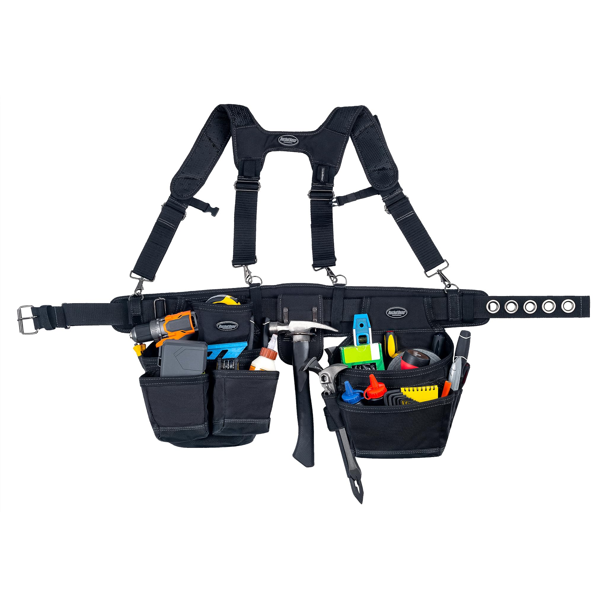 Bucket Boss 57100 Professional Series Ballistic Tool Belt with Suspenders - Heavy Duty Work Belt for Construction, Carpentry & DIY Projects - Black