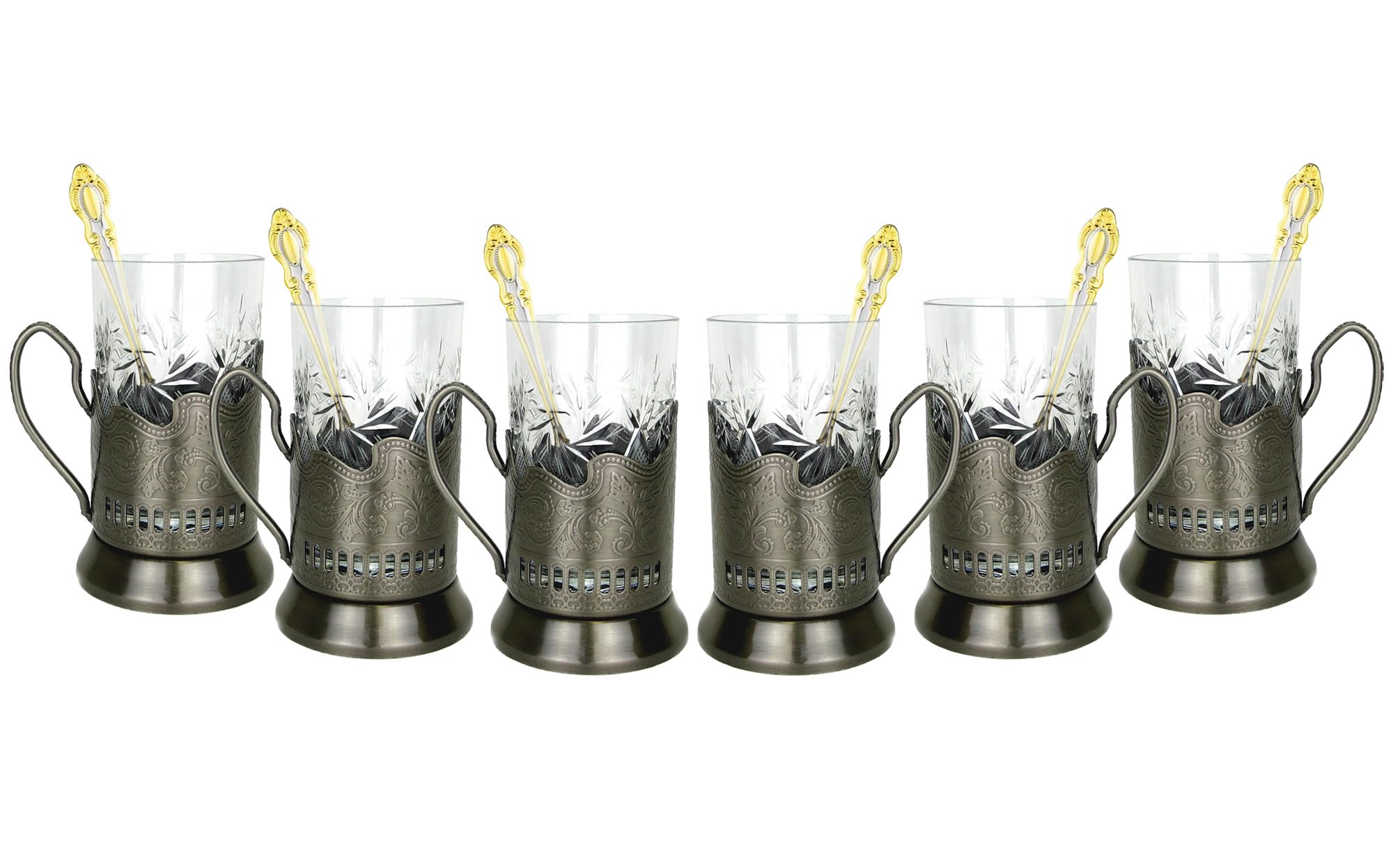 Premium 18-Piece Russian Tea Set with Crystal Tempered Glasses & Metal Holders - Vintage Style Tea Glasses with Teaspoon (Podstakannik) - Perfect for Afternoon Tea, Russian Tea Ceremonies & Elegant Home Entertaining