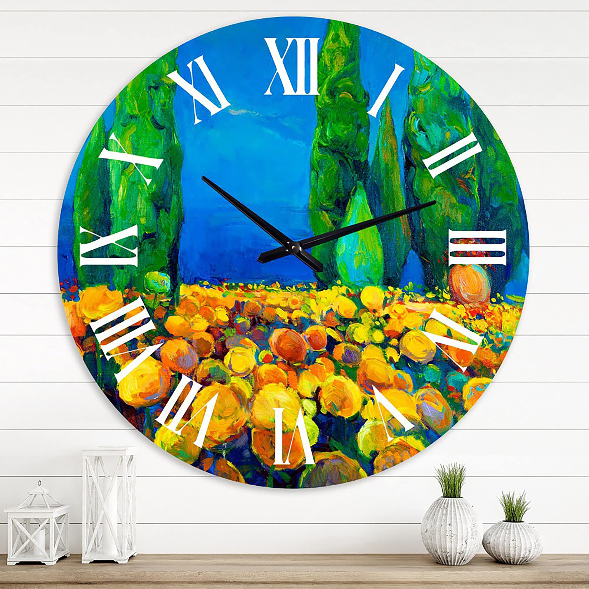 DesignQ Traditional Wall Clock - Yellow Blossoming Landscape with Green Trees | Large Nature-Themed Wall Clock for Living Room, Bedroom & Office Decor | Perfect for Home, Office & Gift Giving