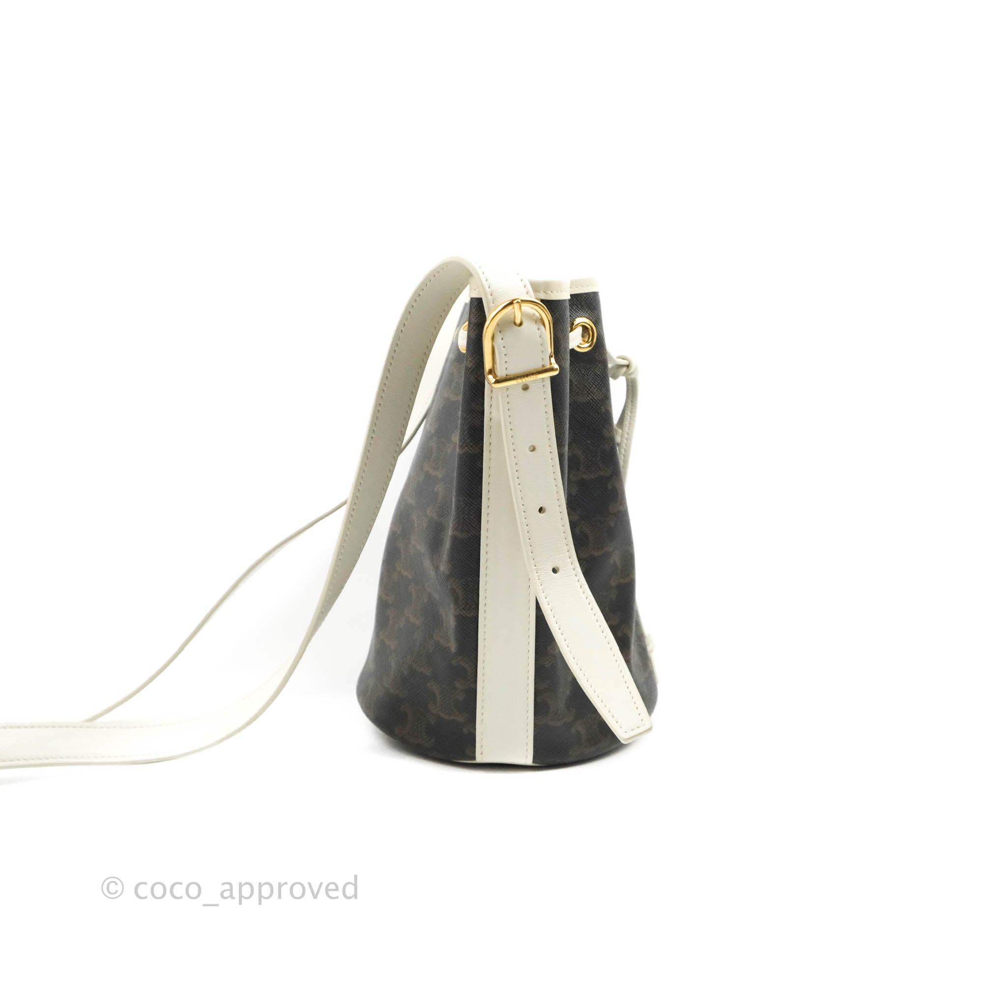 Celine Small Drawstring Bag Triomphe Canvas White Calfskin Leather Crossbody Purse for Women | Luxury Designer Handbag for Everyday Use & Special Occasions