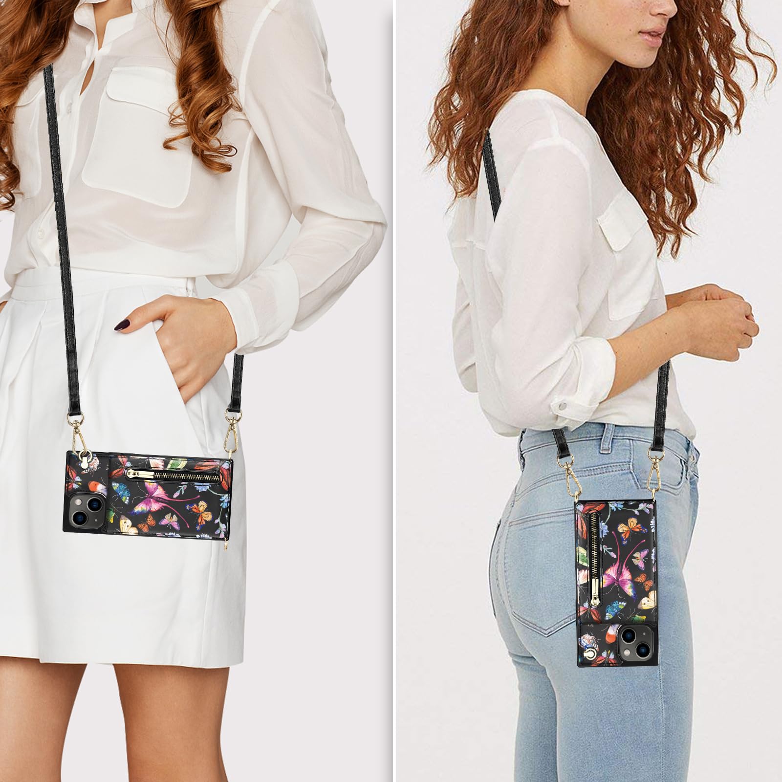 Floral Leather Crossbody Phone Case for iPhone 13 with Card Holder & Kickstand - Cute Wallet Case with Strap, Zipper Purse & Protective Cover for Women (Butterfly Design) - Perfect for Travel, Shopping & Everyday Use