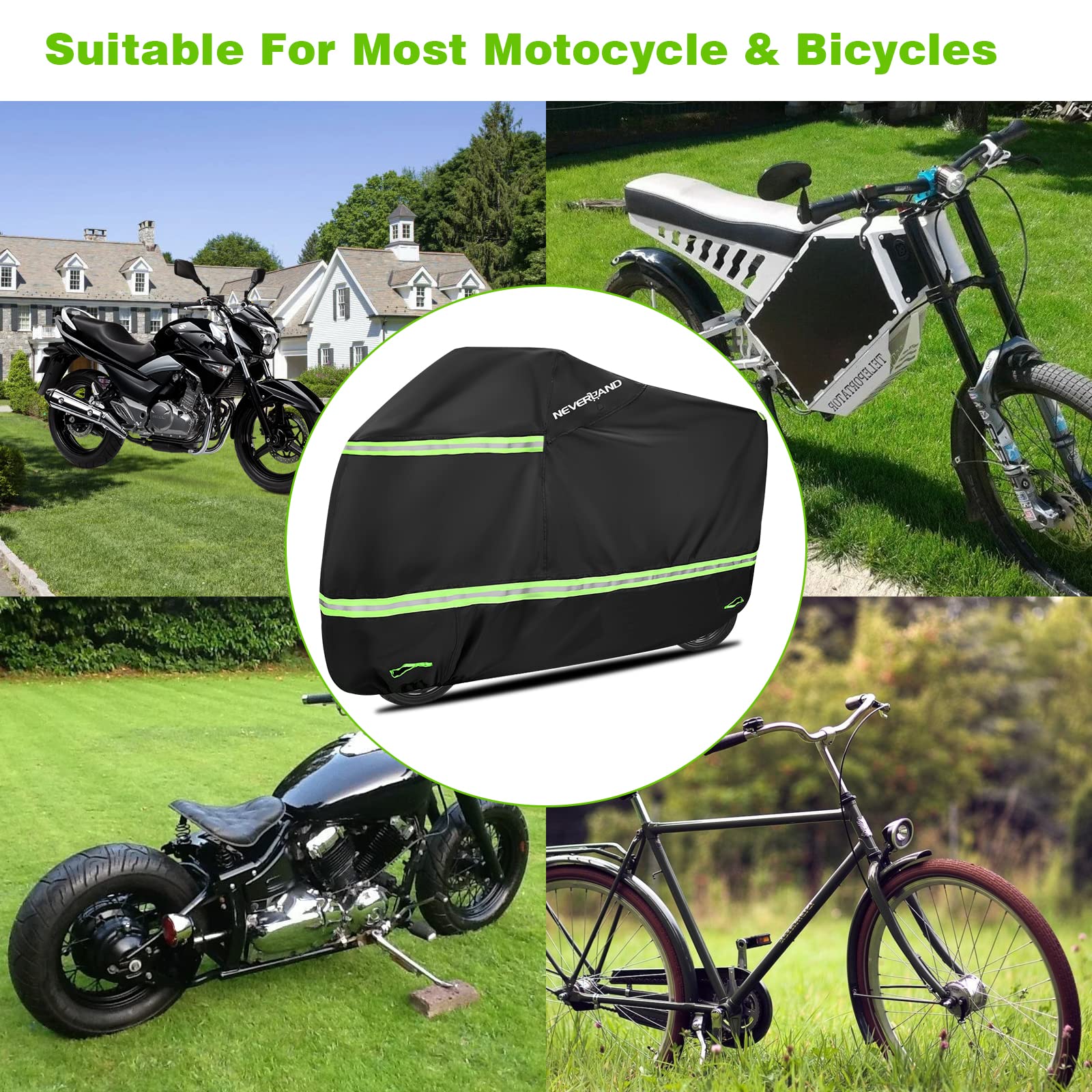 NEVERLAND Heavy Duty Waterproof Motorcycle Cover with Night Reflective & Lock Holes - All Season Outdoor Protection for Scooters & Bikes Up to 86