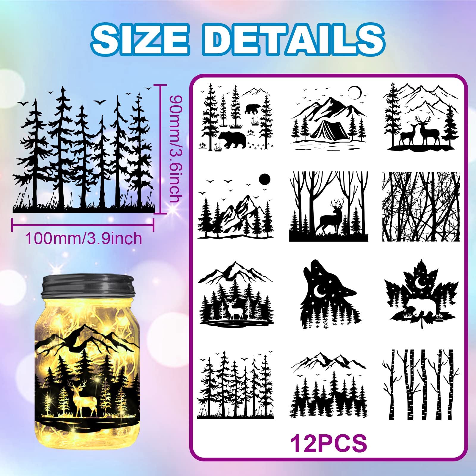 GLOBLELAND Forest Animals Silhouette Jar Cutouts - Decorative Window Clings for Glass, Plastic Wall Art, Mountain & Tree Paper Cutouts - Non-Adhesive Lamp Decals (Perfect for Nursery Decor, DIY Home Projects & Seasonal Window Displays)