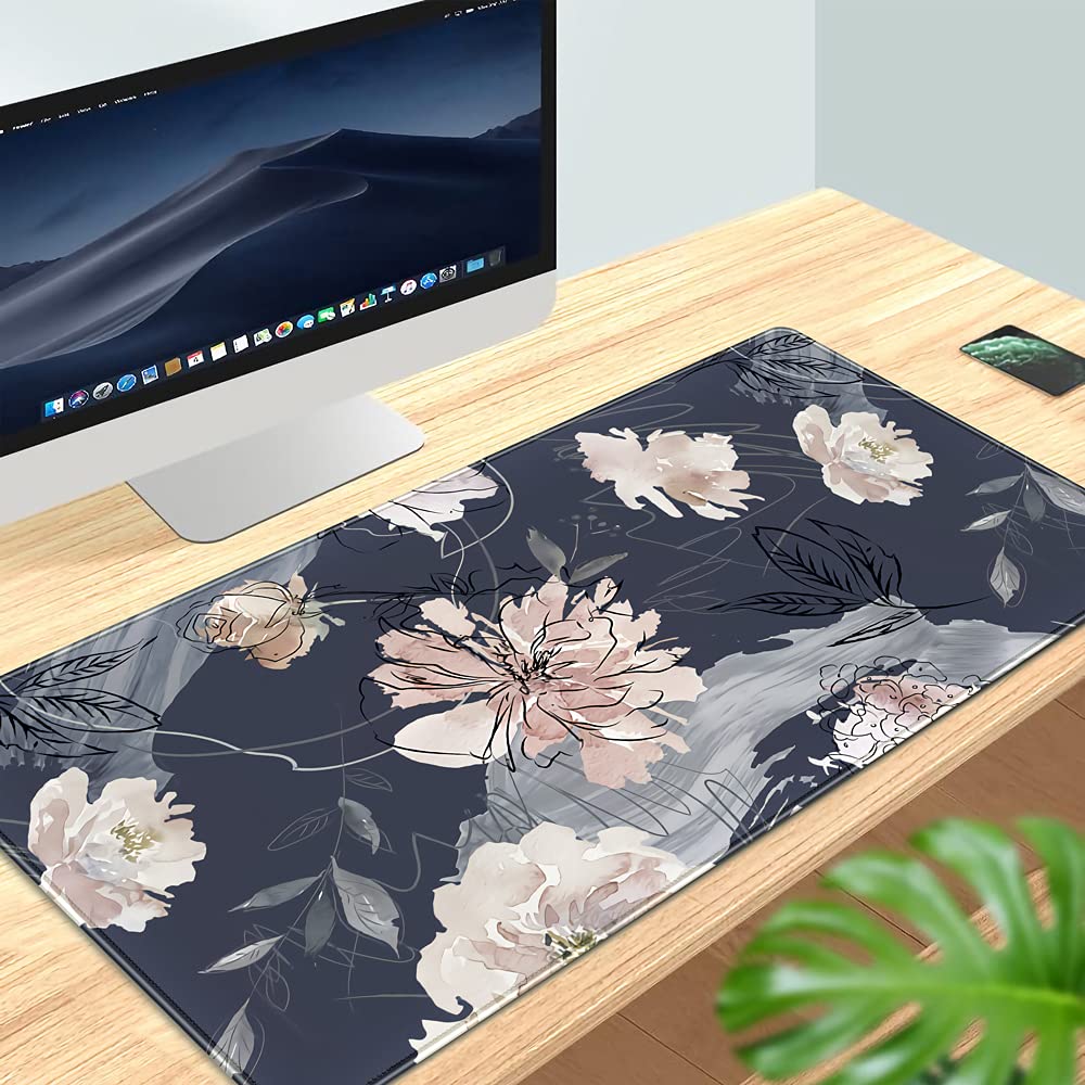 XL Gaming Mouse Pad (31.5x15.7 Inch) - Large Non-Slip Base with Stitched Edges, Waterproof Keyboard Mouse Mat Desk Pad for Work & Gaming - Blue Grey Pink White Peony Design - Perfect for Office, Home & Esports Setup