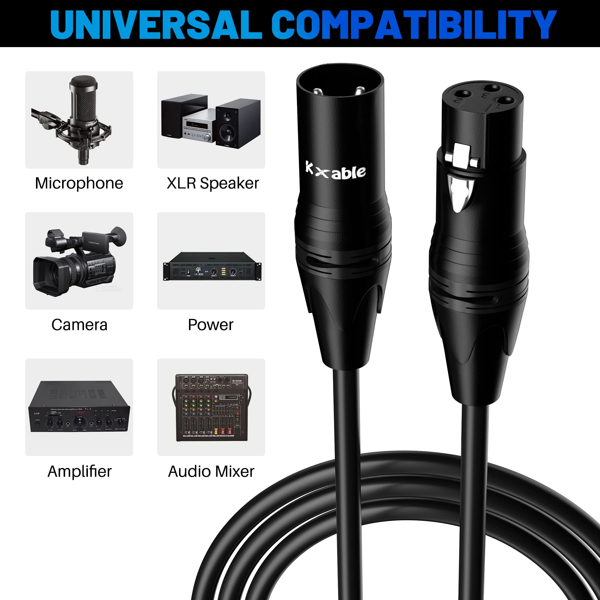 50ft XLR Microphone Cable - 3-Pin Shielded Balanced Male to Female Mic Cord with Zinc Alloy Shells & OFC Wiring - Heavy-Duty Patch Cable for Studio, Live Sound, PA Systems - Perfect for Amplifiers, Speakers, Mixers - Includes 5 Cable Ties for Easy Organization