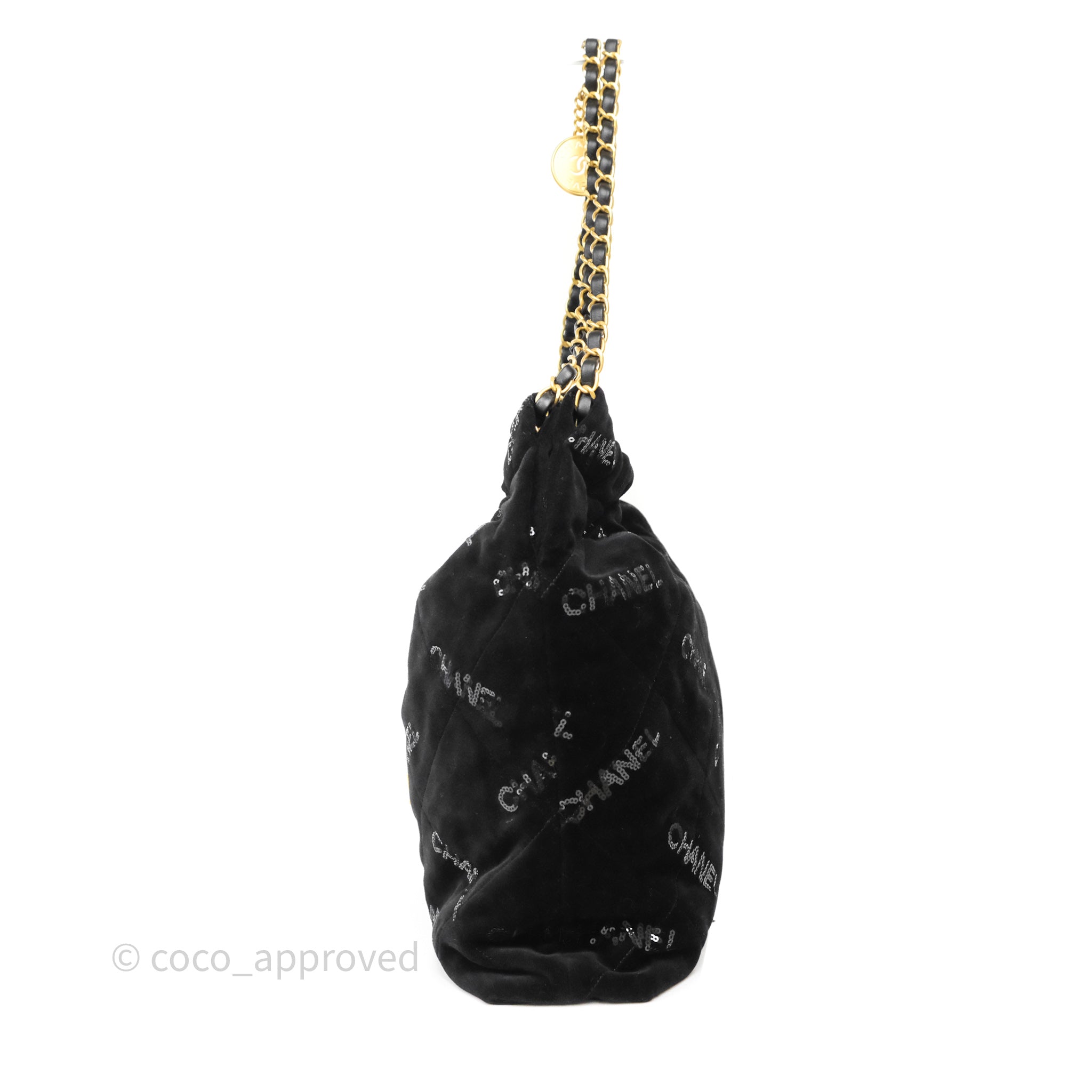 Chanel 22 Medium Handbag with Sequins Logo in Black Velvet - Perfect for Evening Parties, Date Nights & Luxury Fashion Events