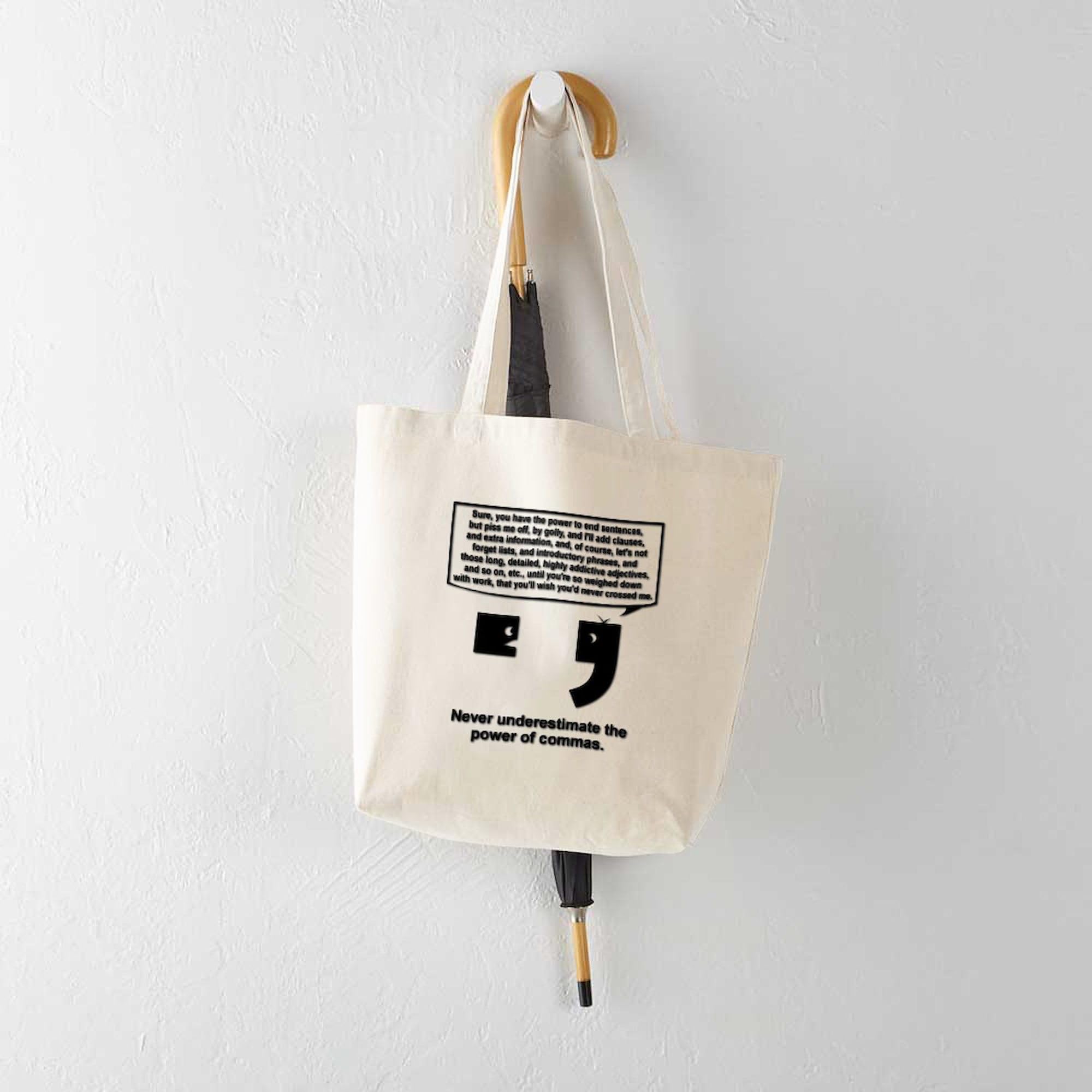The Power Of Commas Tote Bag - Natural Canvas Reusable Grocery Shopping Bag - Eco-Friendly Grocery & Beach Tote for Work, School & Daily Use