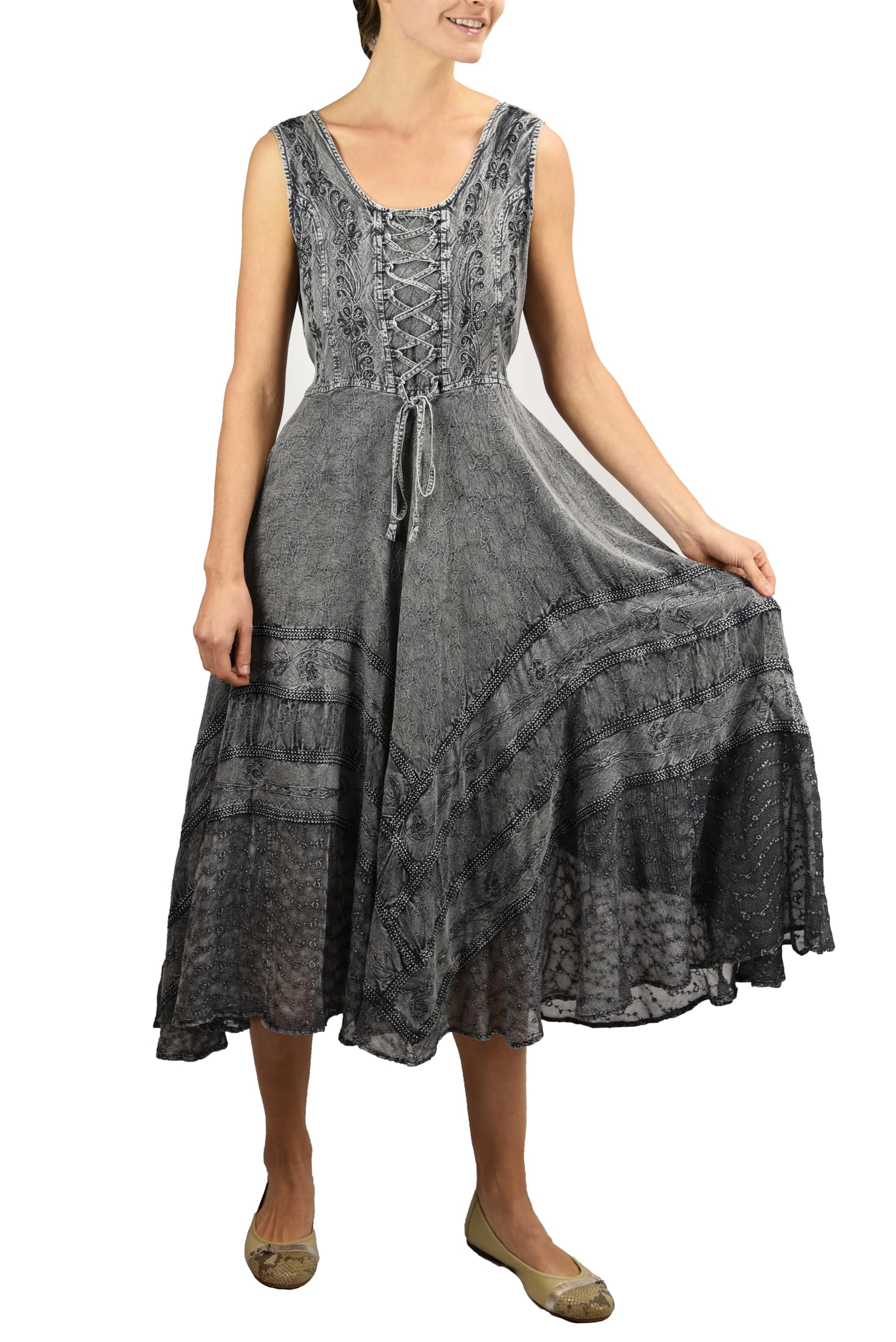 Agan Traders Women's Gothic Corset Smocked Maxi Dress 2025 - Sleeveless Embroidered Summer Dress for Women, Calf Length Twirl Dress for Spring & Summer, Perfect for Parties, Weddings & Date Nights