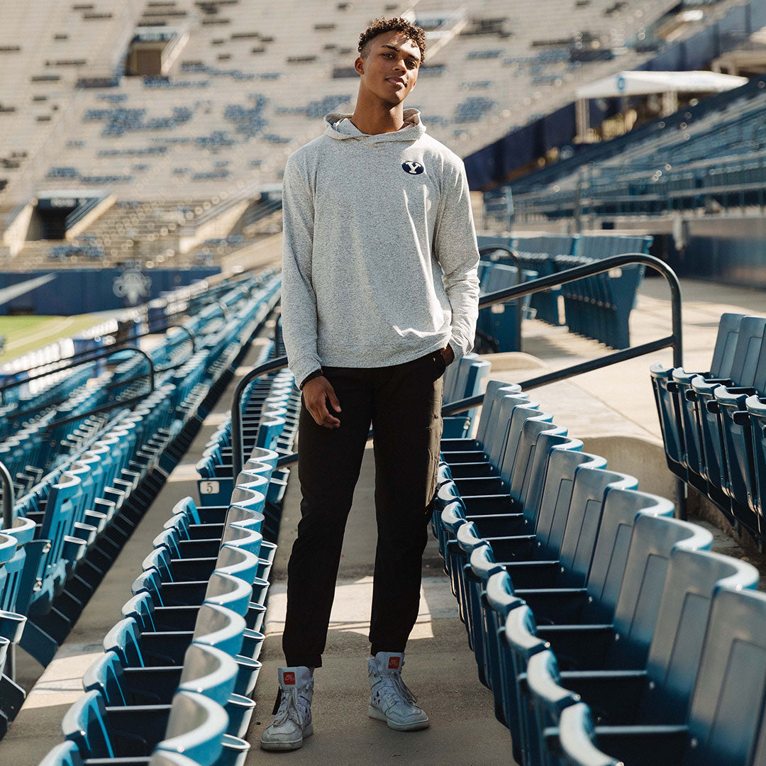 BYU Men's Travel Hoodie - Soft Heather Grey Pullover Sweatshirt for Casual Wear, Outdoor Adventures & Campus Life
