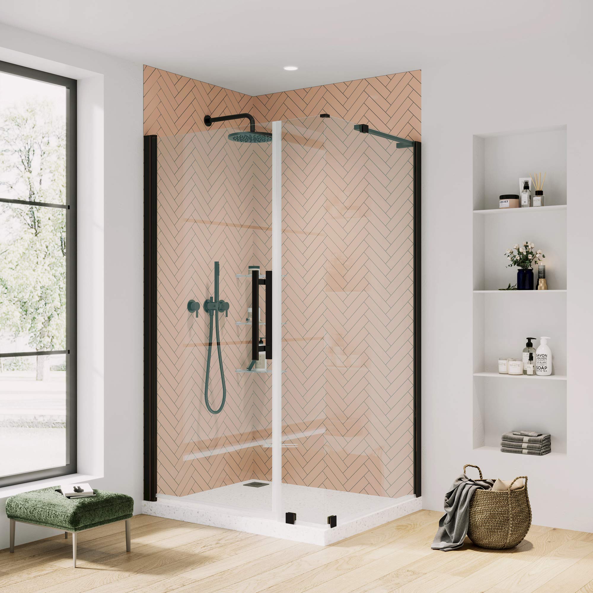 OVE Decors Pasadena Frameless Corner Pivot Shower Door 36