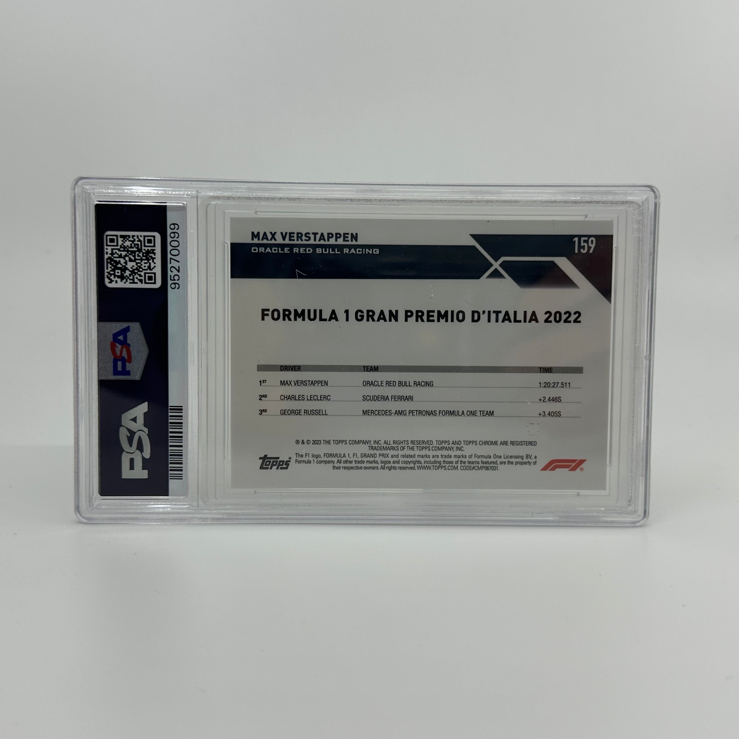 2023 Topps Chrome Sapphire Aqua Max Verstappen #159 PSA 9 /99 - Rare F1 Racing Card for Collectors & Sports Memorabilia Enthusiasts